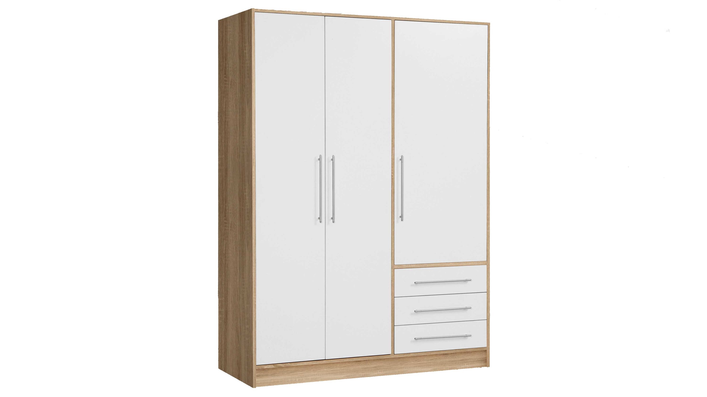 Kleiderschrank mit drei Türen und Schubladen in Holz und Weiß Kleiderschrank mit drei weißen Türen und drei Schubladen in Holzoptik