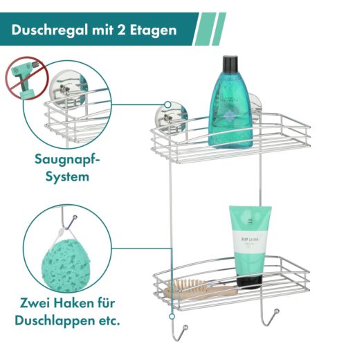 Wandregal mit 2 Ablagen und Vacuum-Loc-System  mit Haken für Duschutensilien