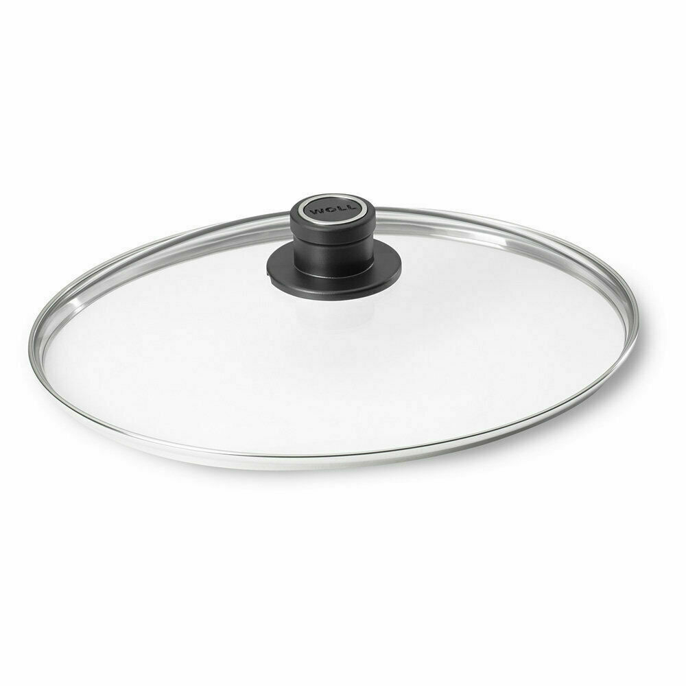 Runder Glasdeckel mit Metallrand und schwarzem Knaufgriff, von schräg oben fotografiert.