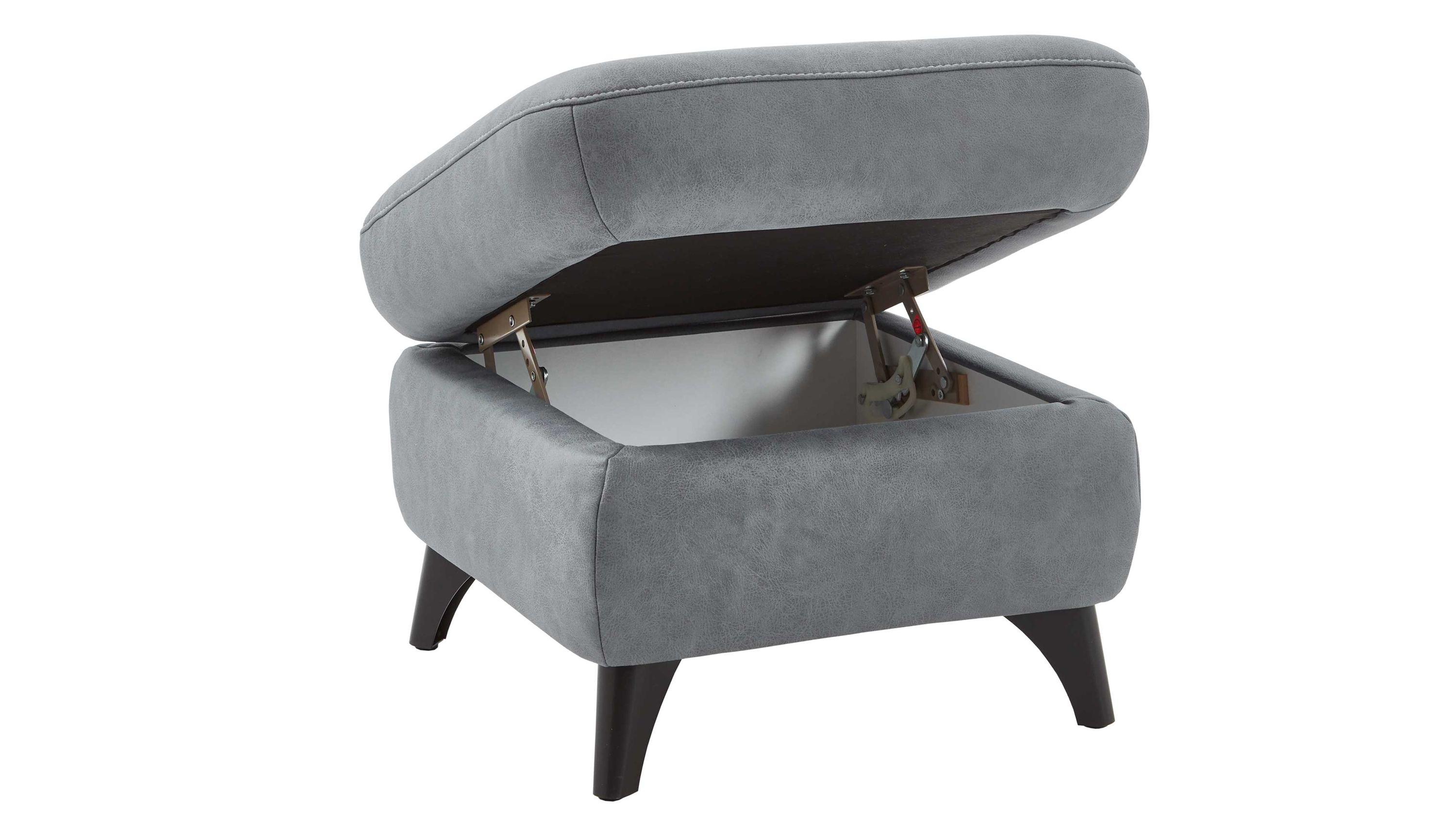 Quadratischer Hocker mit Stauraum und graublauem Bezug Quadratischer Hocker mit graublauem Stoffbezug und geöffnetem Stauraum schwarze Metallfüße