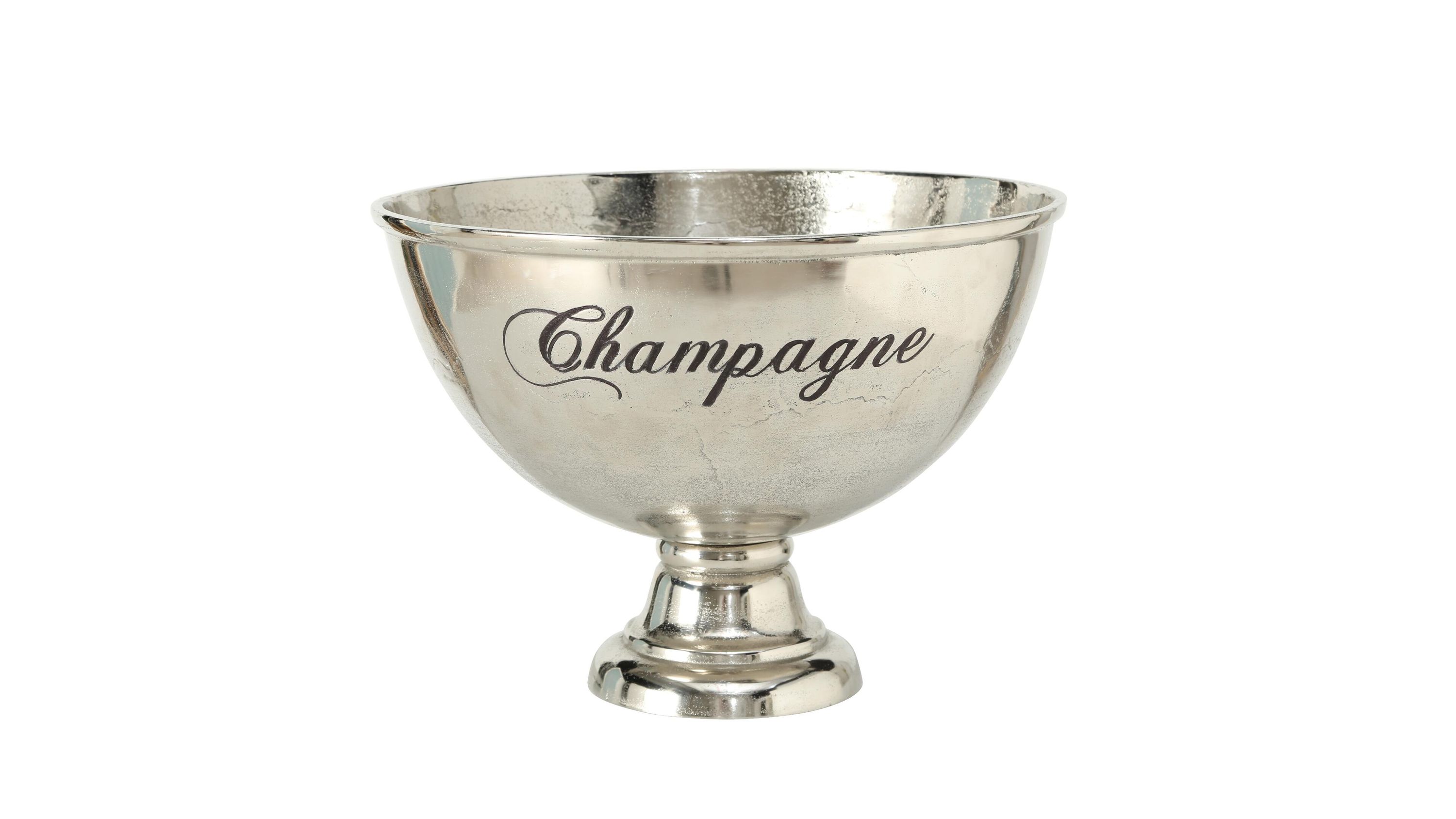 Runder silberfarbener Champagnerkühler mit Fuß und Schriftzug Champagne