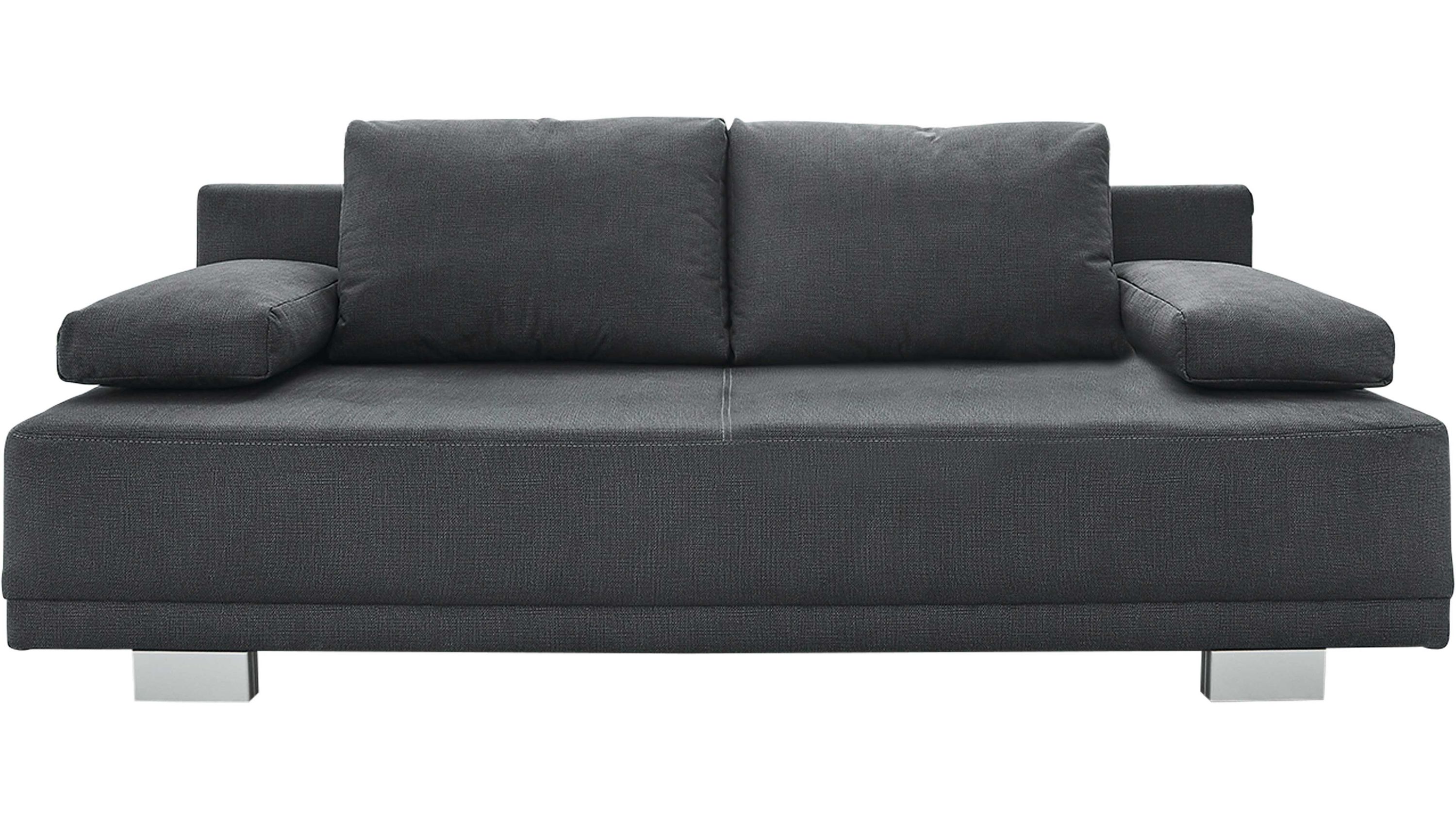 Dunkelgraues Schlafsofa mit zwei Rückenpolstern und breiten Armlehnen auf Metallfüßen