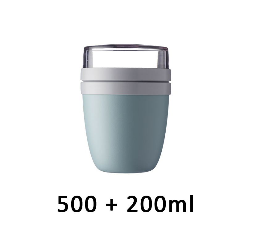 Behälter mit zwei Kammern, 500 + 200 ml, von schräg oben fotografiert, Deckel daneben platziert.