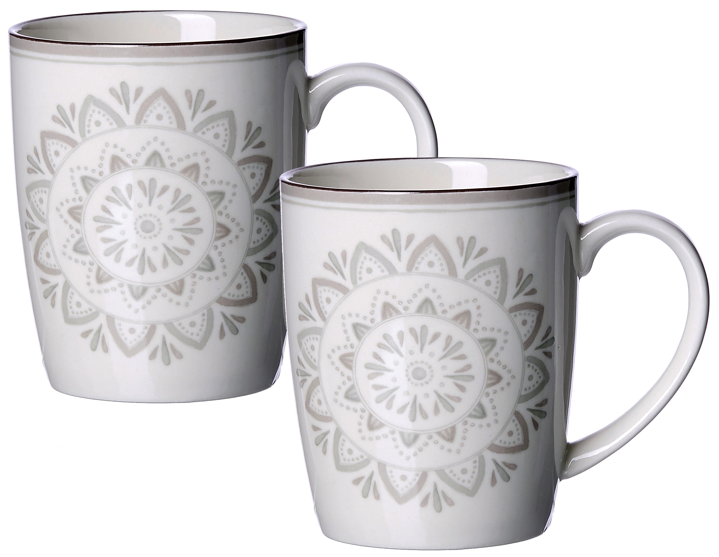 Zwei weiße Kaffeebecher mit braunen Ornamenten und Henkel