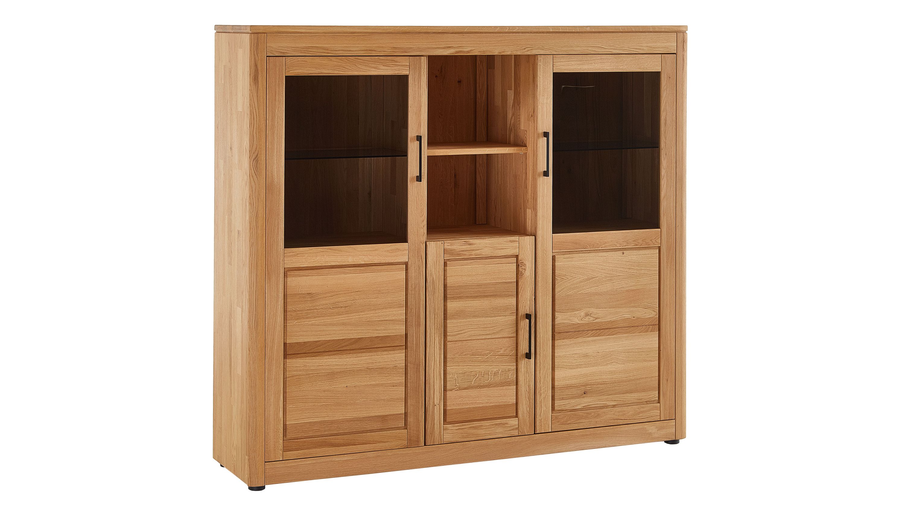 Highboard aus geöltem Holz mit zwei Glastüren einer Holztür und zwei offenen Fächern