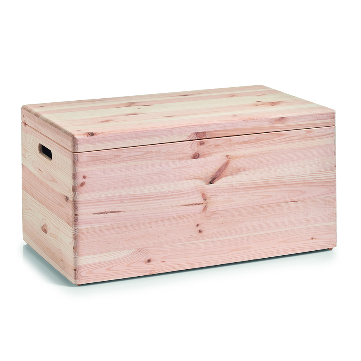 Holzkiste mit Deckel und Grifföffnungen Rechteckige Kiste aus unbehandeltem Holz mit Deckel und Grifföffnungen an den Seiten