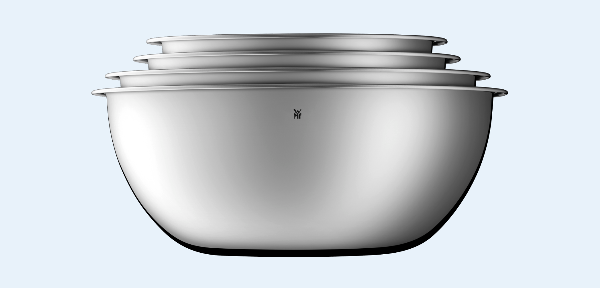 Vier ineinander gestapelte runde Küchenschüsseln aus Edelstahl mit glatter Oberfläche