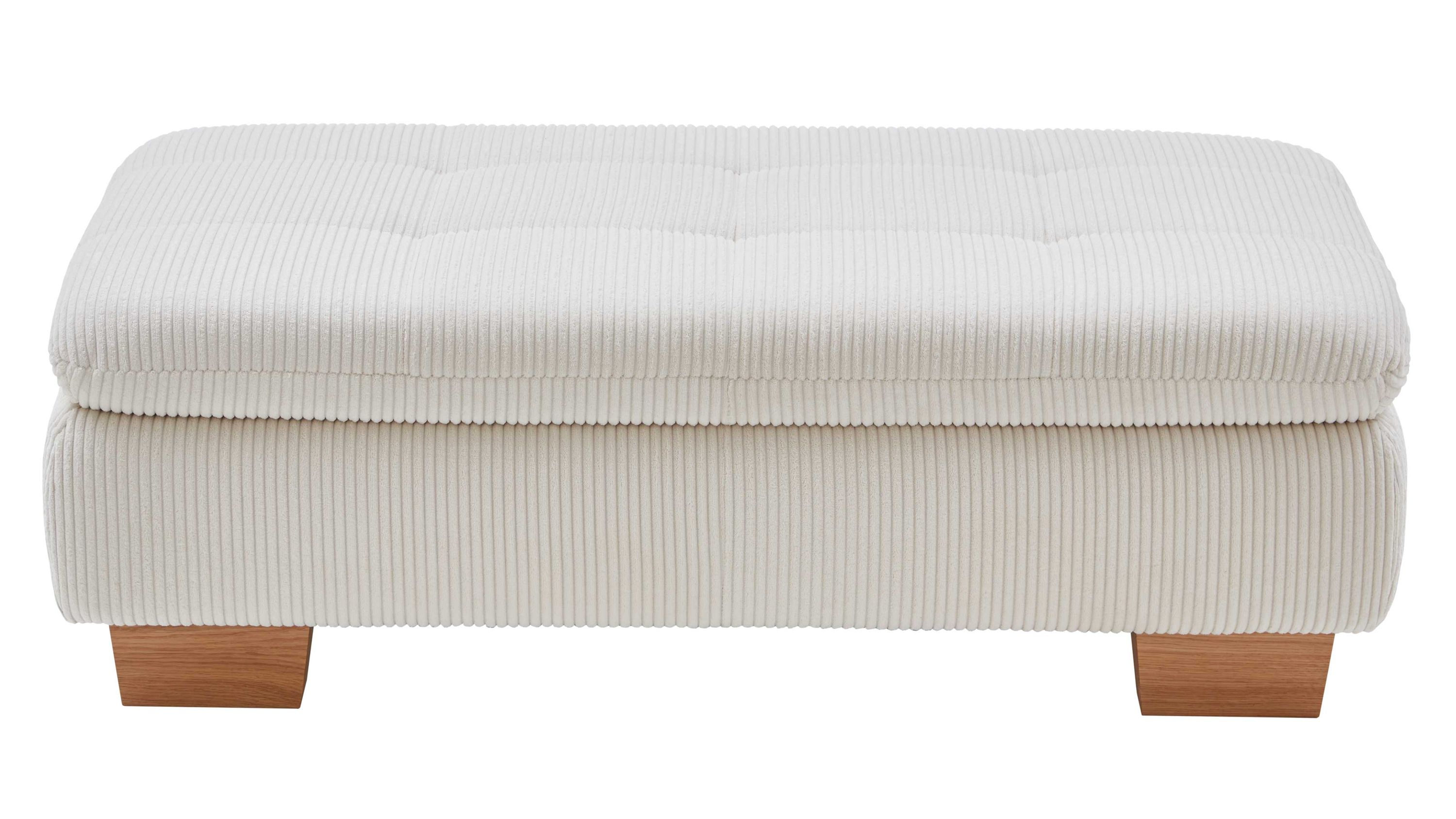 Rechteckiger Hocker mit naturfarbenem Cordbezug und kurzen Holzfüßen