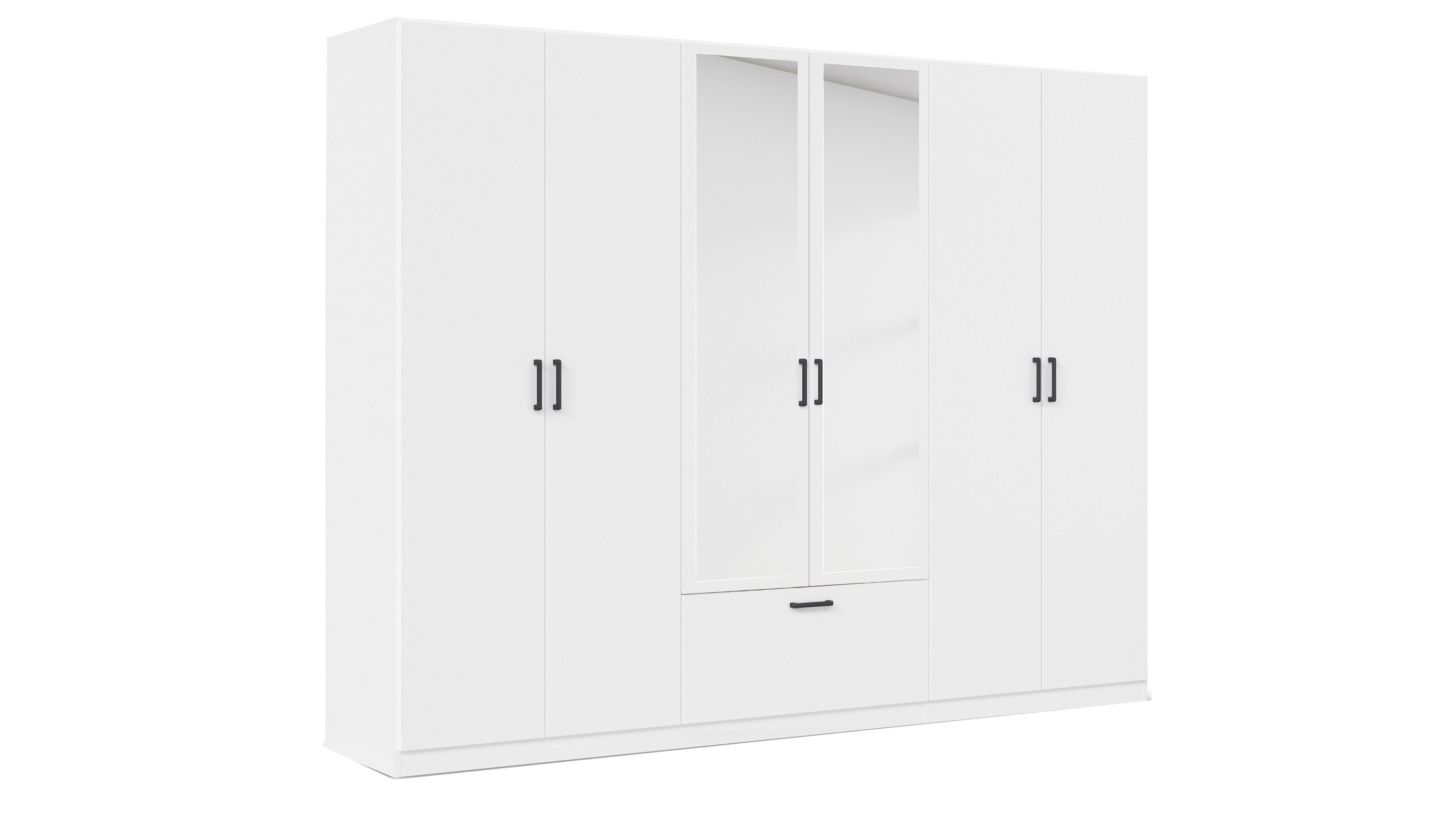 Weißer Drehtürenschrank mit sechs Türen zwei mittleren Türen mit Spiegeln und einer Schublade unten