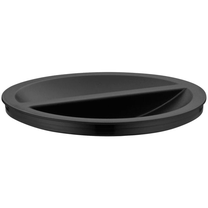 WMF Function Bowl schwarzer Deckel mit Teilöffnung passend zur Arbeitsschüssel Frontalansicht eines schwarzen  runden Kunststoffdeckels