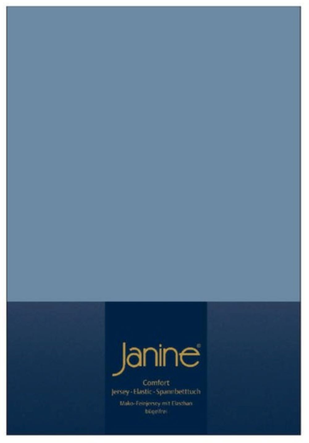 Blaues Spannbetttuch in dunkelblauer Verpackung mit goldener Janine-Aufschrift  frontal leicht von oben fotografiert