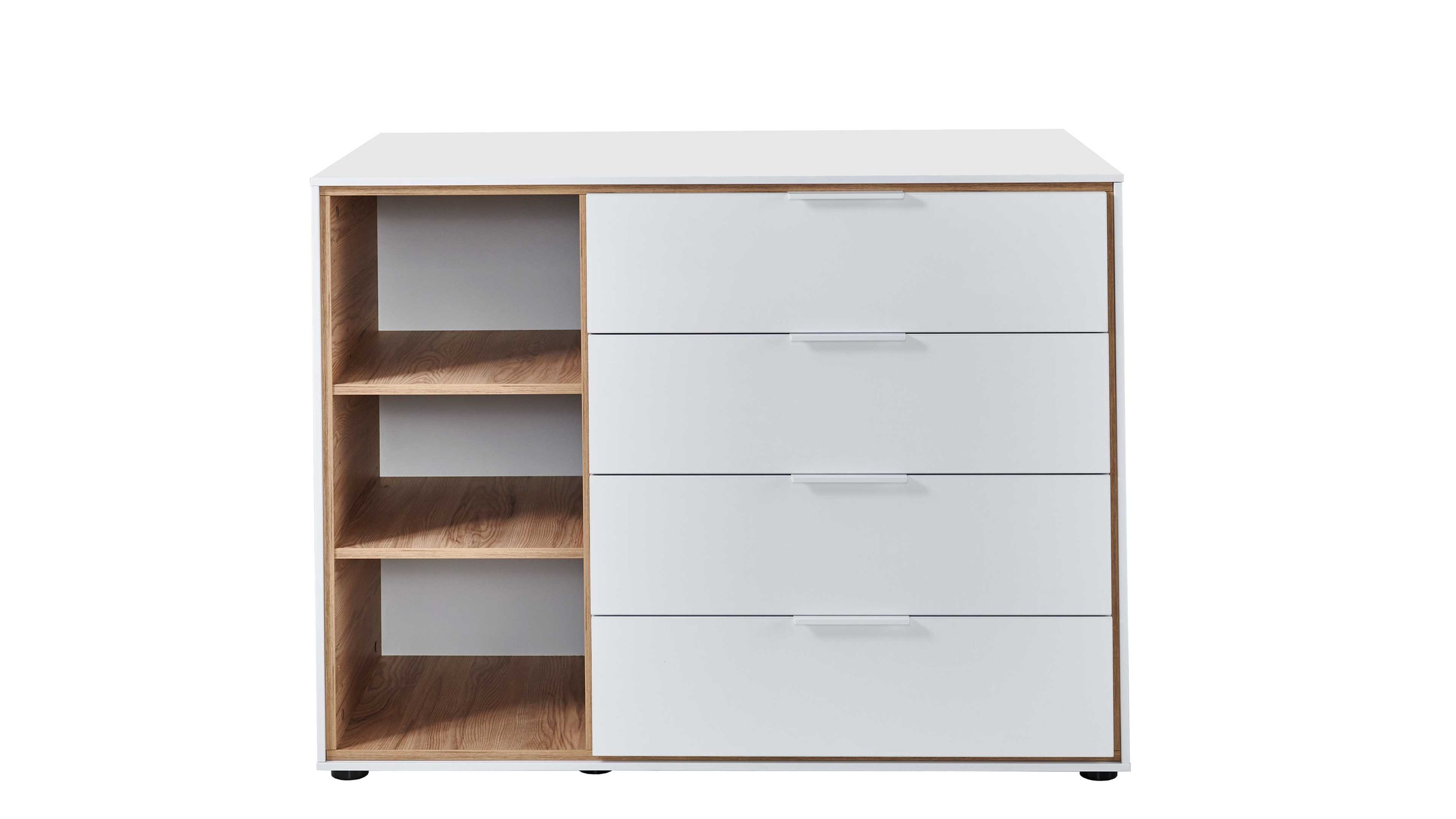 Kombikommode mit Schubladen und offenen Regalfächern Kombikommode mit vier weißen Schubladen und drei offenen Regalfächern in Holzoptik