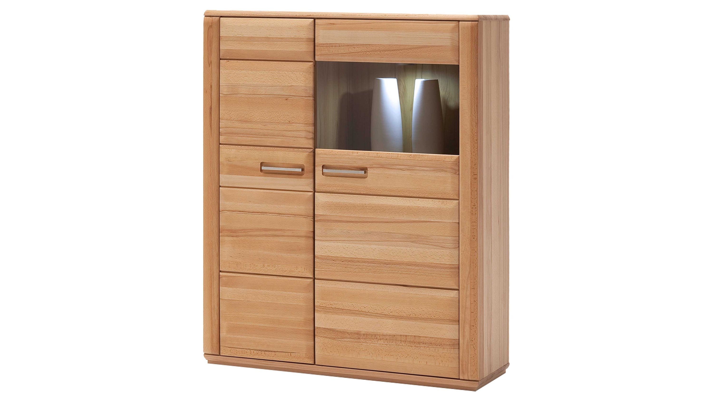 Highboard mit zwei Türen aus geöltem Holz Highboard mit zwei Türen und einem Glaseinsatz in der Mitte aus geöltem Holz in heller Farbe