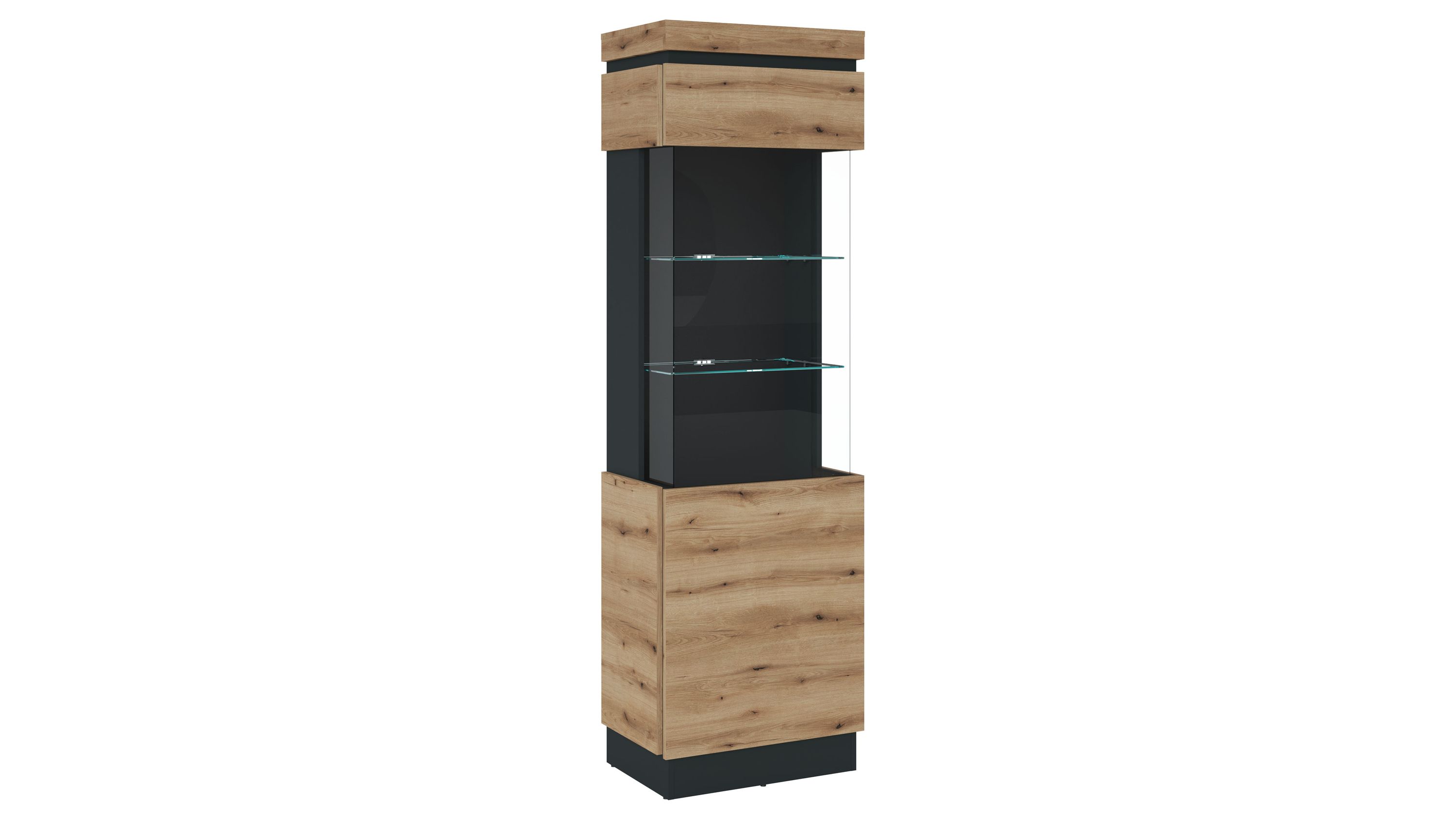Hohe Vitrine mit zwei Glasböden Holzoptik unten und oben grauer Korpus