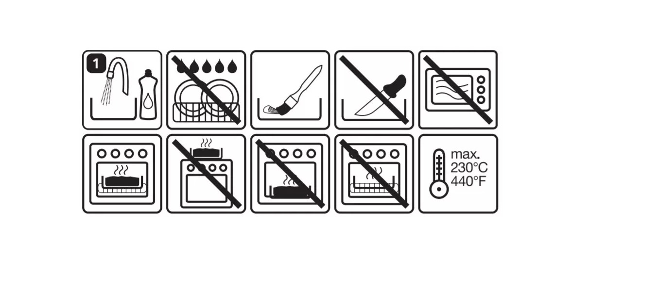 Symbolgrafik mit neun durchgestrichenen Icons z. B. Spülmaschine Messer Induktion Grill Temperaturanzeige
