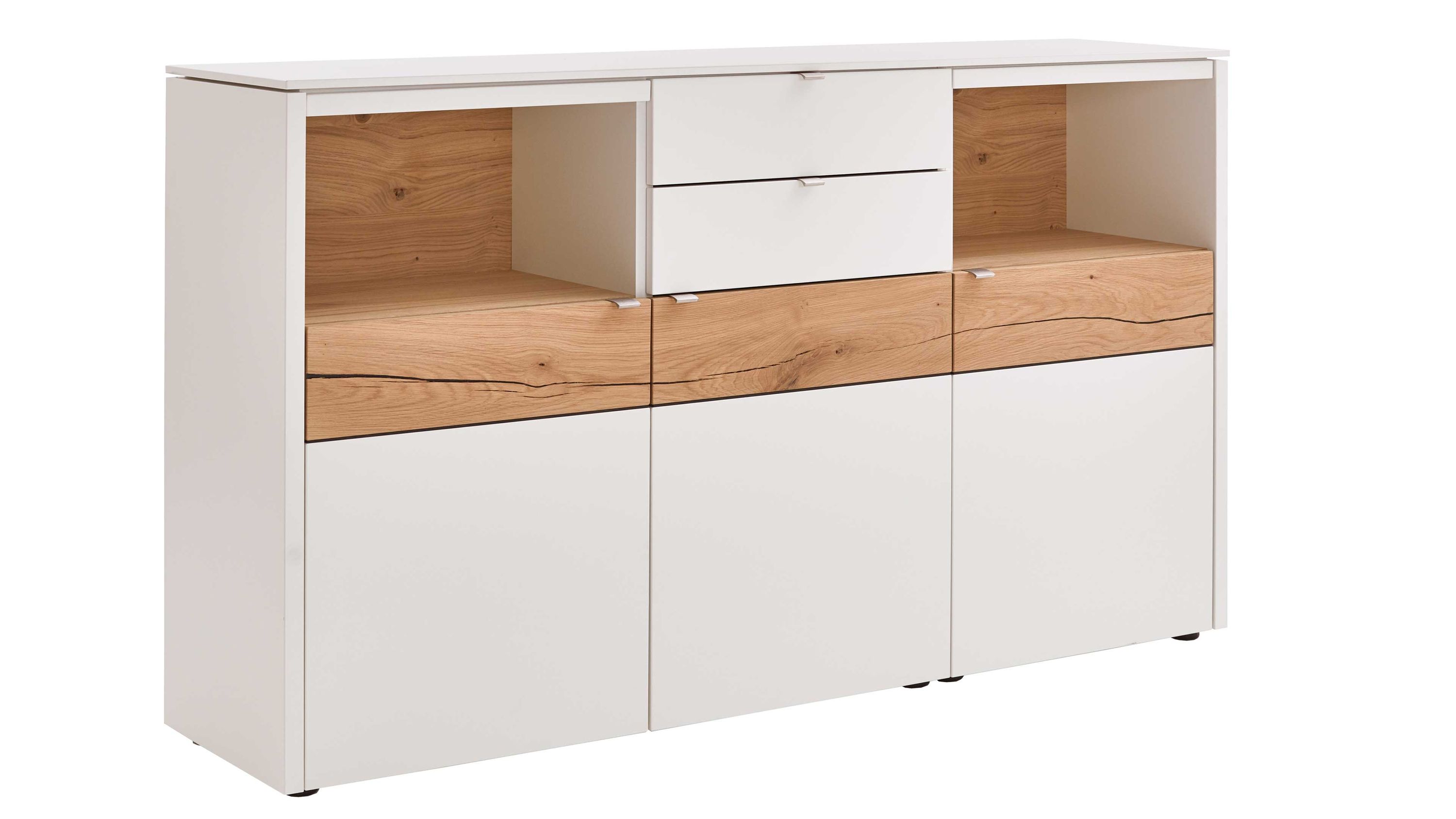 Sideboard mit weißen Fronten und Balkeneiche-Elementen drei Türen zwei Schubladen und zwei offene Fächer