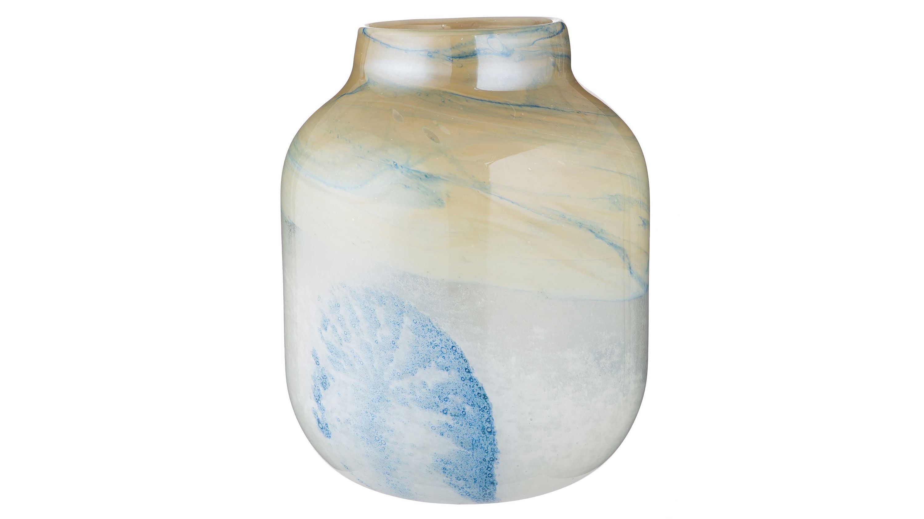 Runde Glasvase mit cremeweißem und bläulichem Muster Runde Vase aus Glas mit cremeweißem und bläulichem Muster