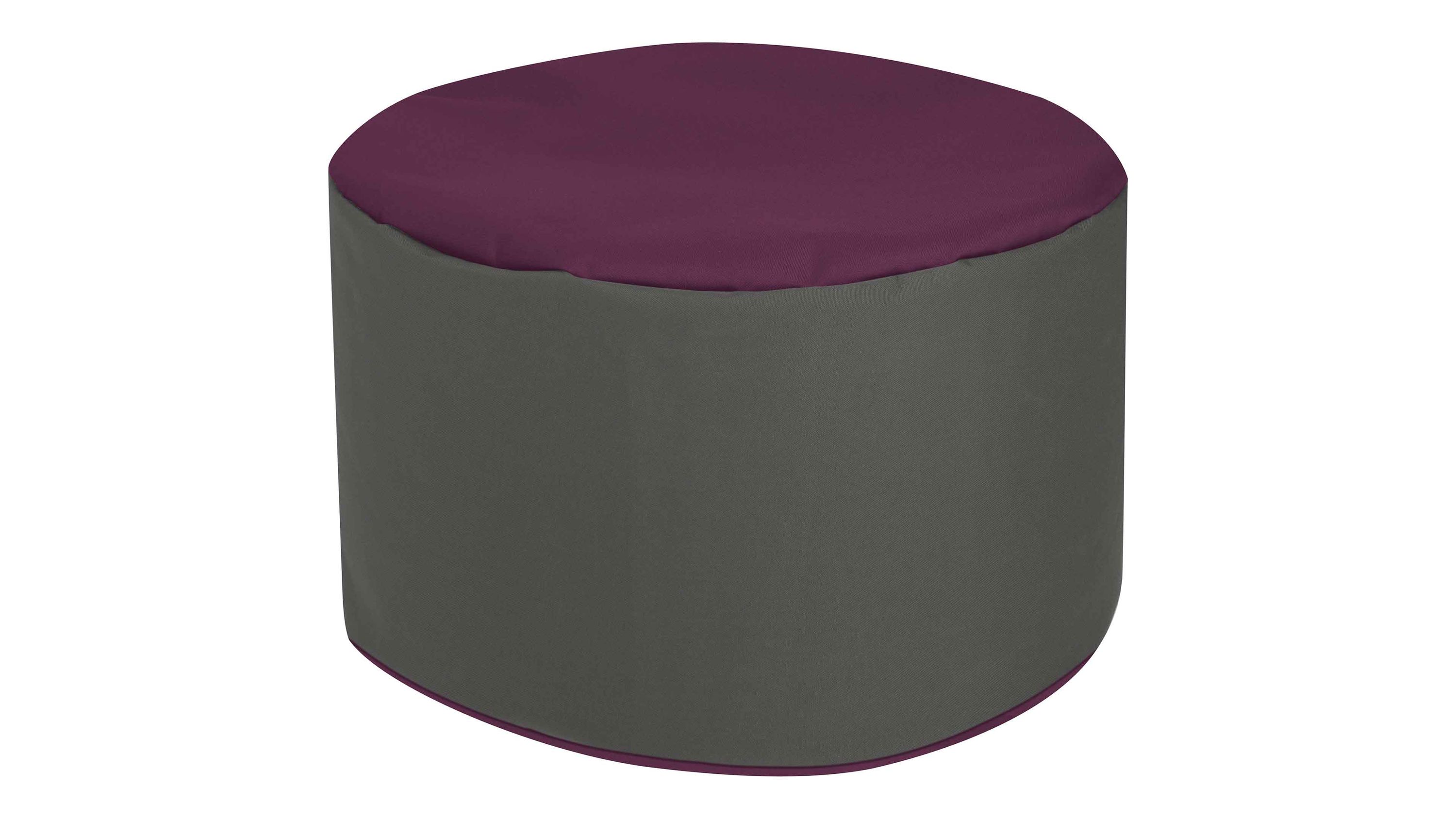 Runder Sitzsack-Hocker mit auberginefarbenem Oberteil und anthrazitfarbenem Seitenbezug