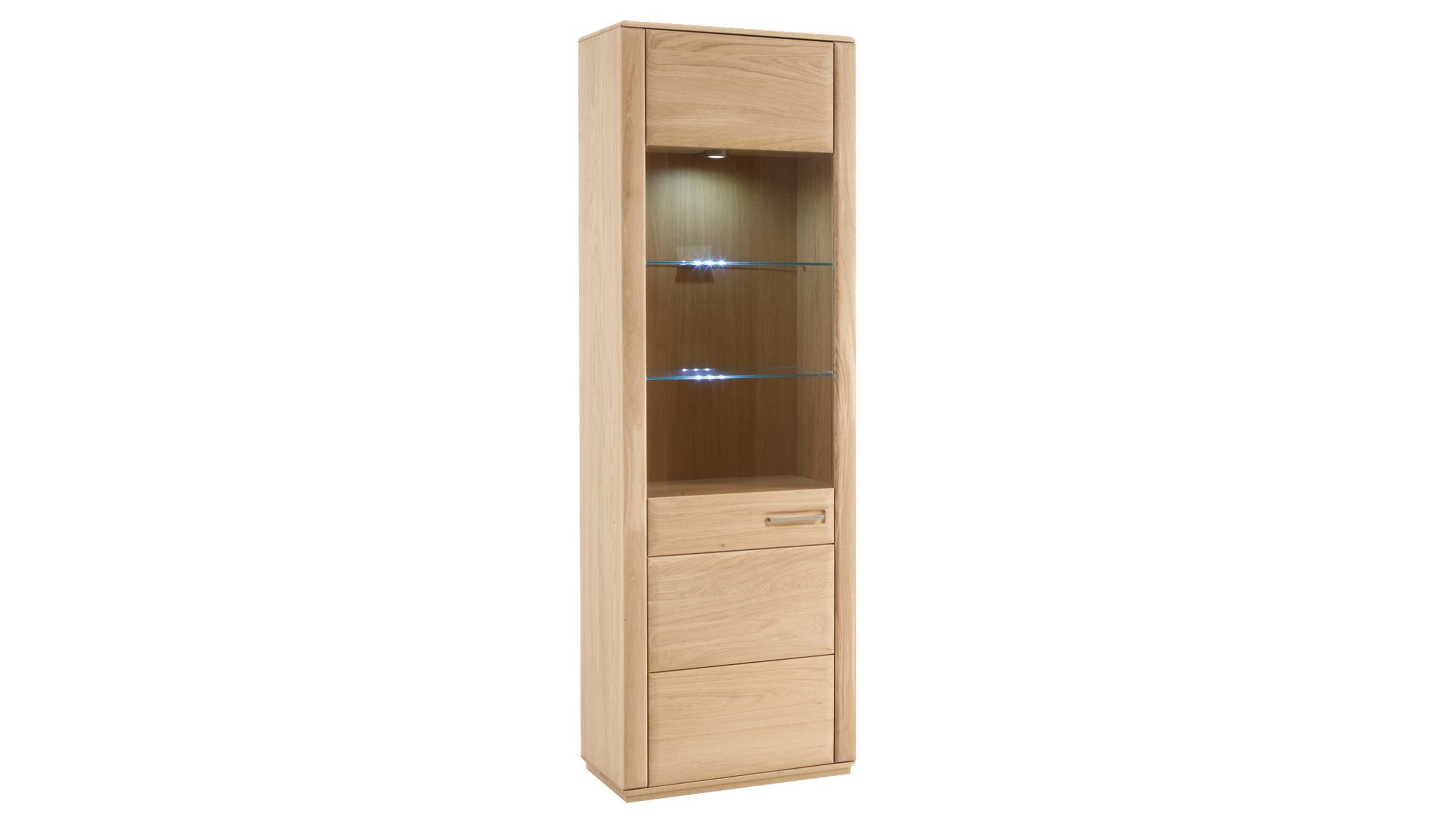 Vitrinenschrank mit Glastür und zwei Fächern in heller Holzoptik Heller Vitrinenschrank mit einer Glastür zwei Glasböden und zwei geschlossenen Fächern darunter