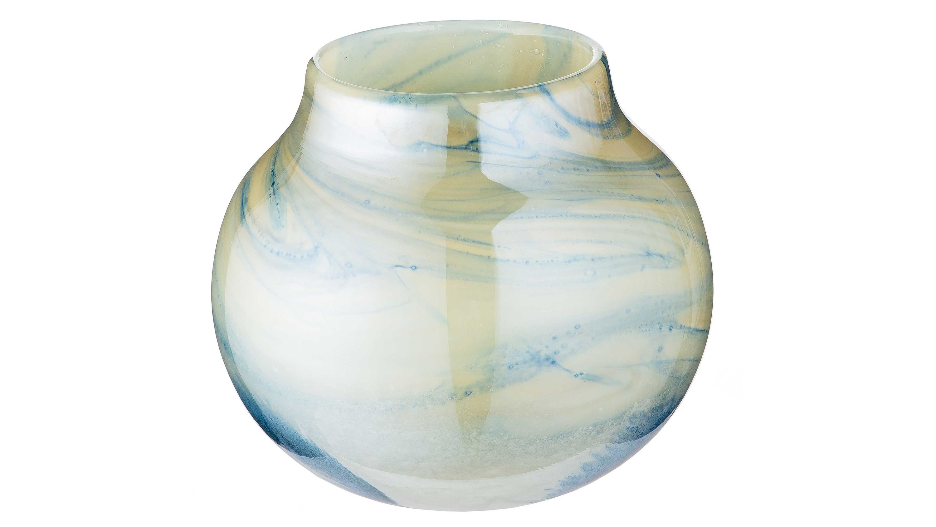 Runde Vase aus Glas mit cremeweißem und bläulichem Muster