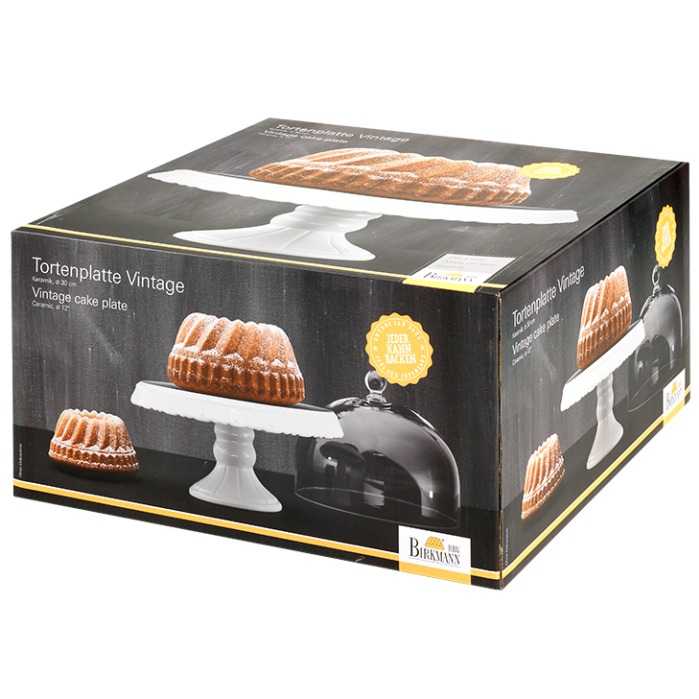 Verpackung der Tortenplatte leicht von rechts fotografiert zeigt Torte Hinweise zu Handwäsche und 40?°C Temperatur sichtbar