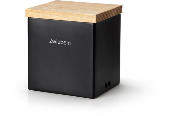 Schwarze Zwiebelbox mit Holzdeckel Schwarze eckige Aufbewahrungsbox mit der Aufschrift „Zwiebeln“ und Holzdeckel, zwei kleinen Belüftungslöchern unten