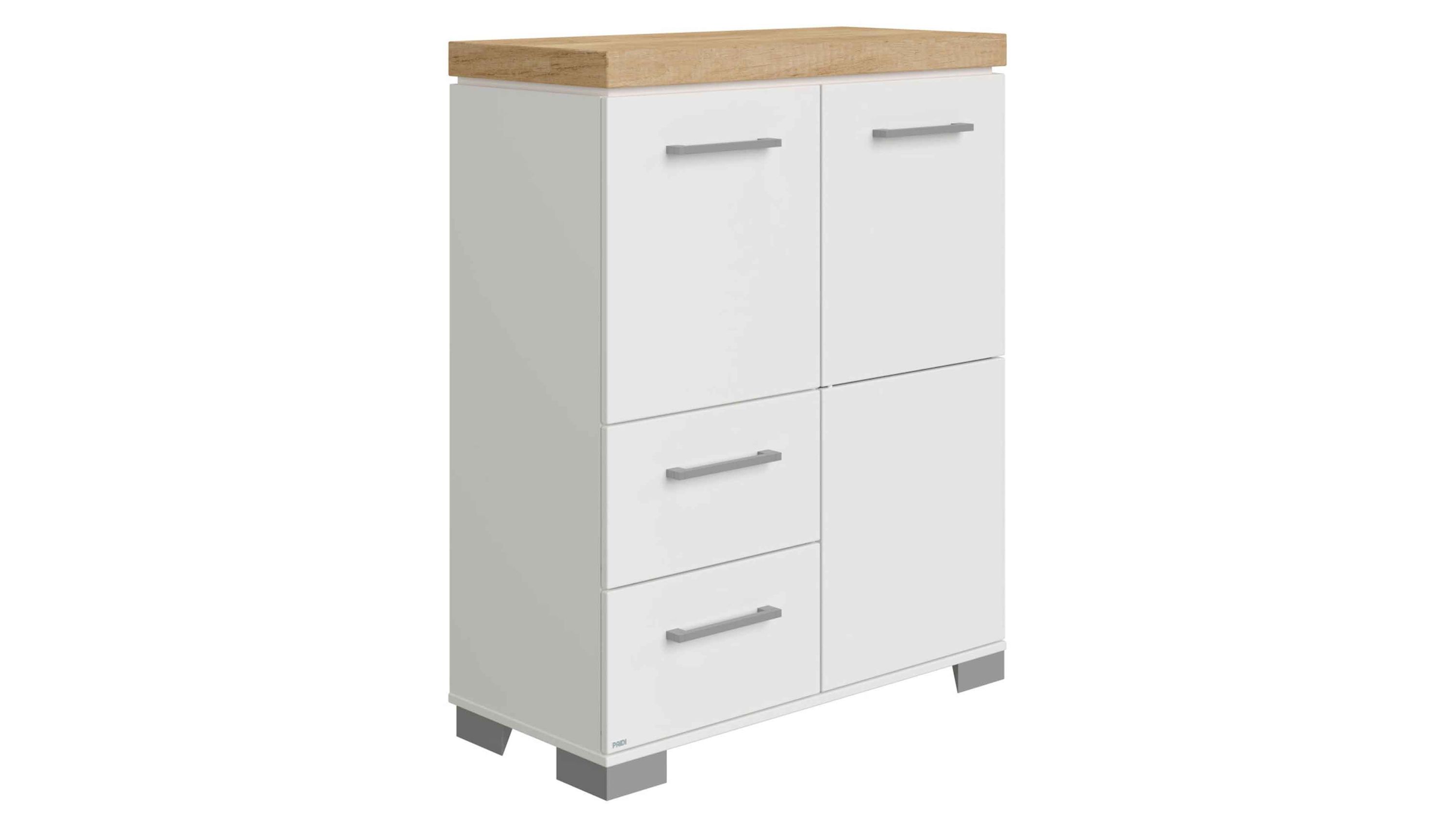 Weißes Highboard mit zwei Türen zwei Schubladen und Holzfarbener Abdeckplatte