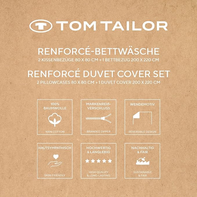 Verpackung Tom Tailor Renforce-Bettwäsche mit zweisprachiger Bezeichnung & sechs Symbolen zu Pflegehinweisen & Eigenschaften