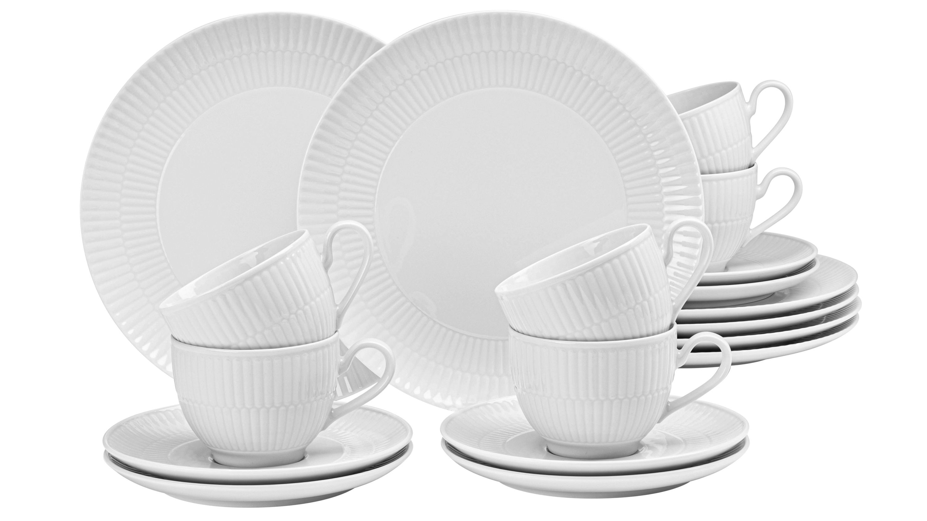 Weißes Kaffeeservice aus Porzellan mit Tassen Untertassen und Tellern mit geriffeltem Rand