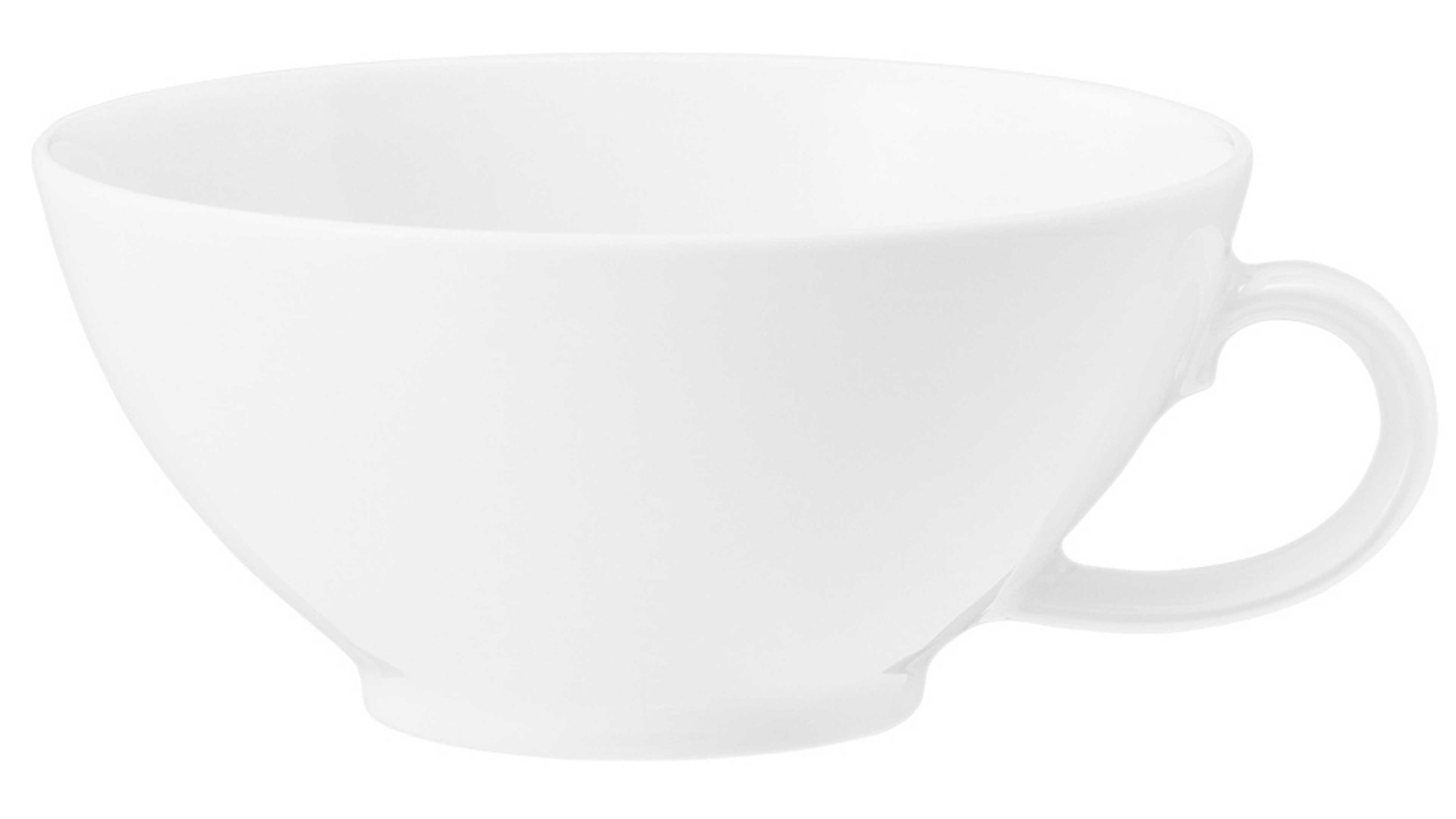 Weiße Teetasse mit rundem Henkel und leicht konischer Form