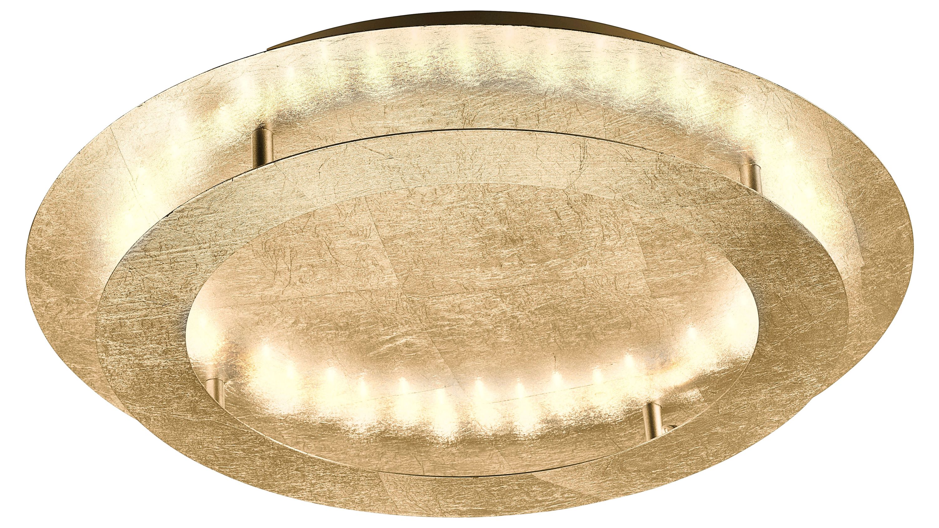 Runde Deckenleuchte mit zwei goldfarbenen gehämmerten Metallringen und integrierten LED-Leuchten