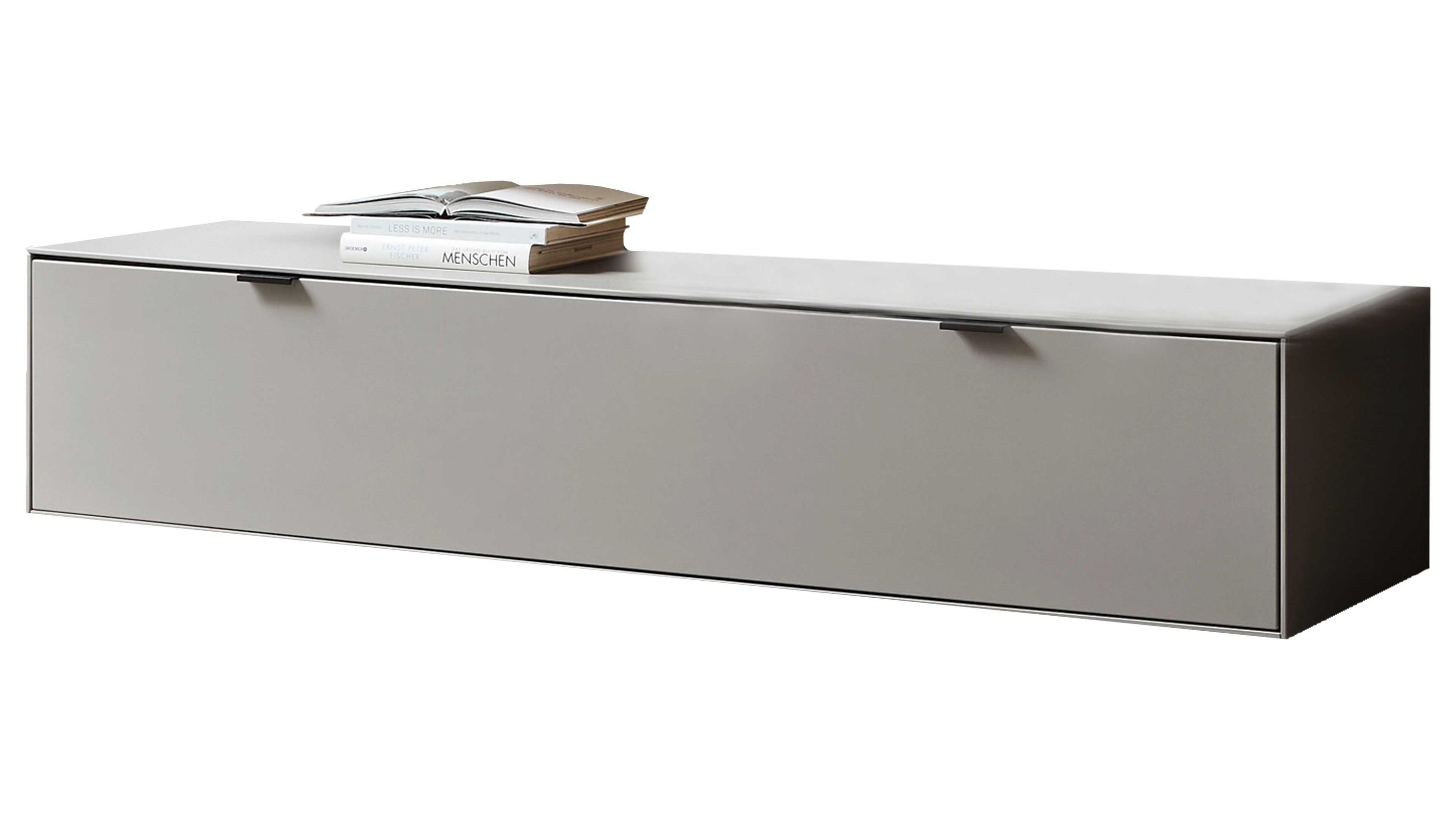 Lowboard mit einer Schublade in samtgrau Rechteckiges Lowboard mit einer Schublade in samtgrauem Mattlack und zwei schwarzen Griffen