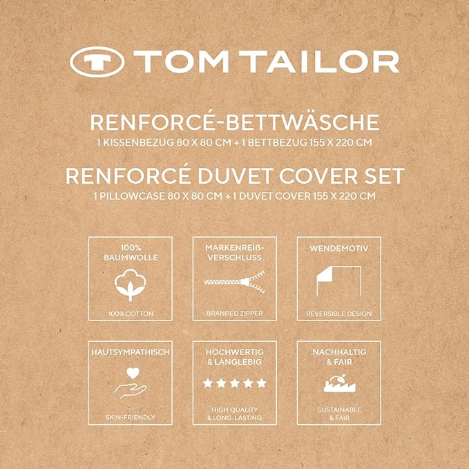 Verpackung Tom Tailor Renforce-Bettwäsche mit zweisprachiger Bezeichnung & sechs Symbolen zu Pflegehinweisen & Eigenschaften