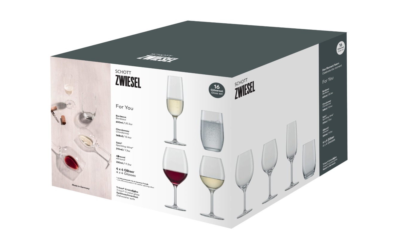Verpackung eines 16-teiligen Schott Zwiesel Gläser-Sets mit Bordeaux-, Chardonnay-, Sekt- und Allroundgläsern, Abbildungen der Gläser auf der Box.