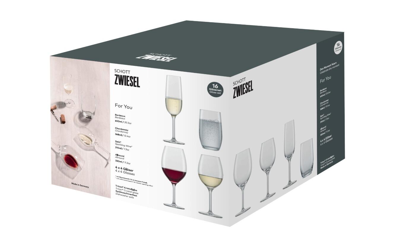 Schott Zwiesel Glas-Set For You, 16-teilig, je 4 x Bordeaux/ Chardonnay / Champagner / Allround/Tumbler Gläser, Kristallglas, Spülmaschinenfest