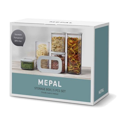 Vorratsdosen-Set 5-teilig  transparent mit weißen Deckeln  auf Verpackung mit Lebensmitteln abgebildet