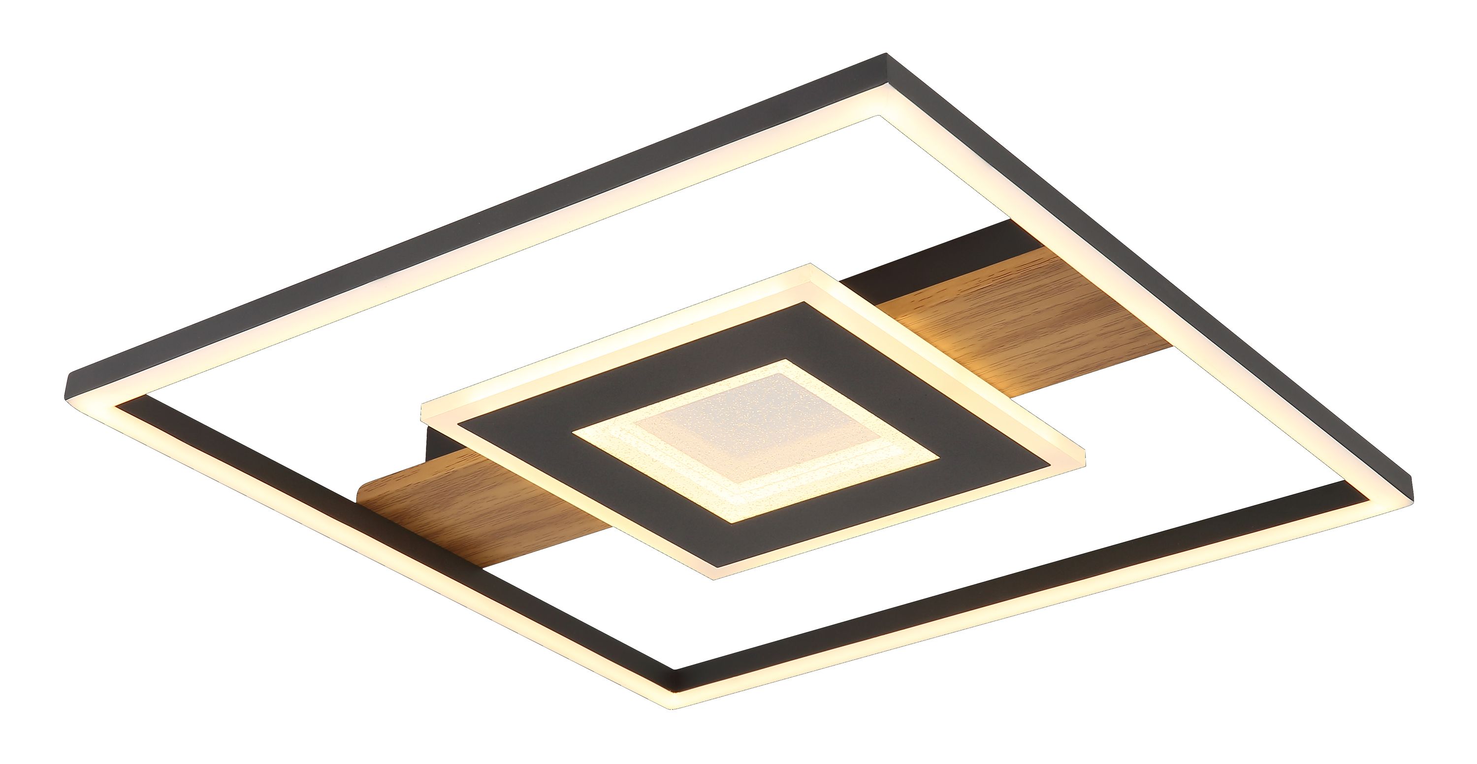 Eckige Deckenleuchte mit zwei schwarzen Rahmen und mittlerem Holzpaneel
