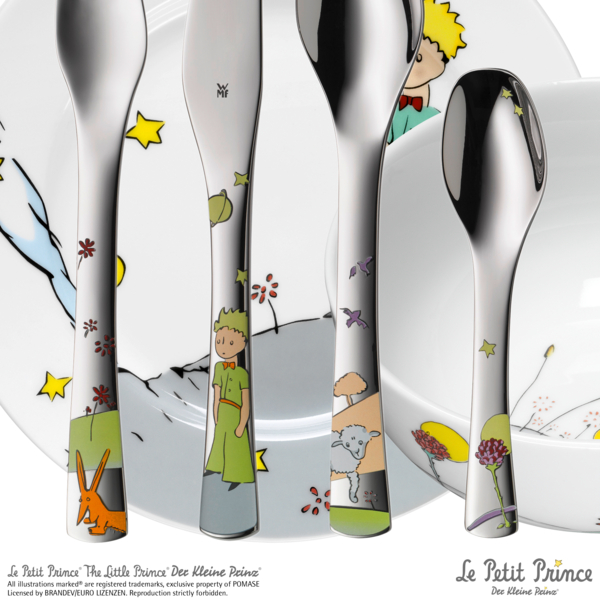 Kinderbesteck-Set mit Der kleine Prinz-Motiven inkl. Teller & Schüssel frontal auf hellem Hintergrund.