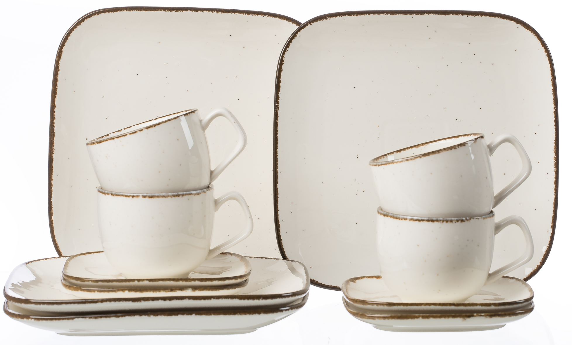 Kaffeeservice mit quadratischen Tellern und Tassen in Beige Beige Kaffeeservice mit quadratischen Tellern und Tassen mit Henkel und braunem Rand