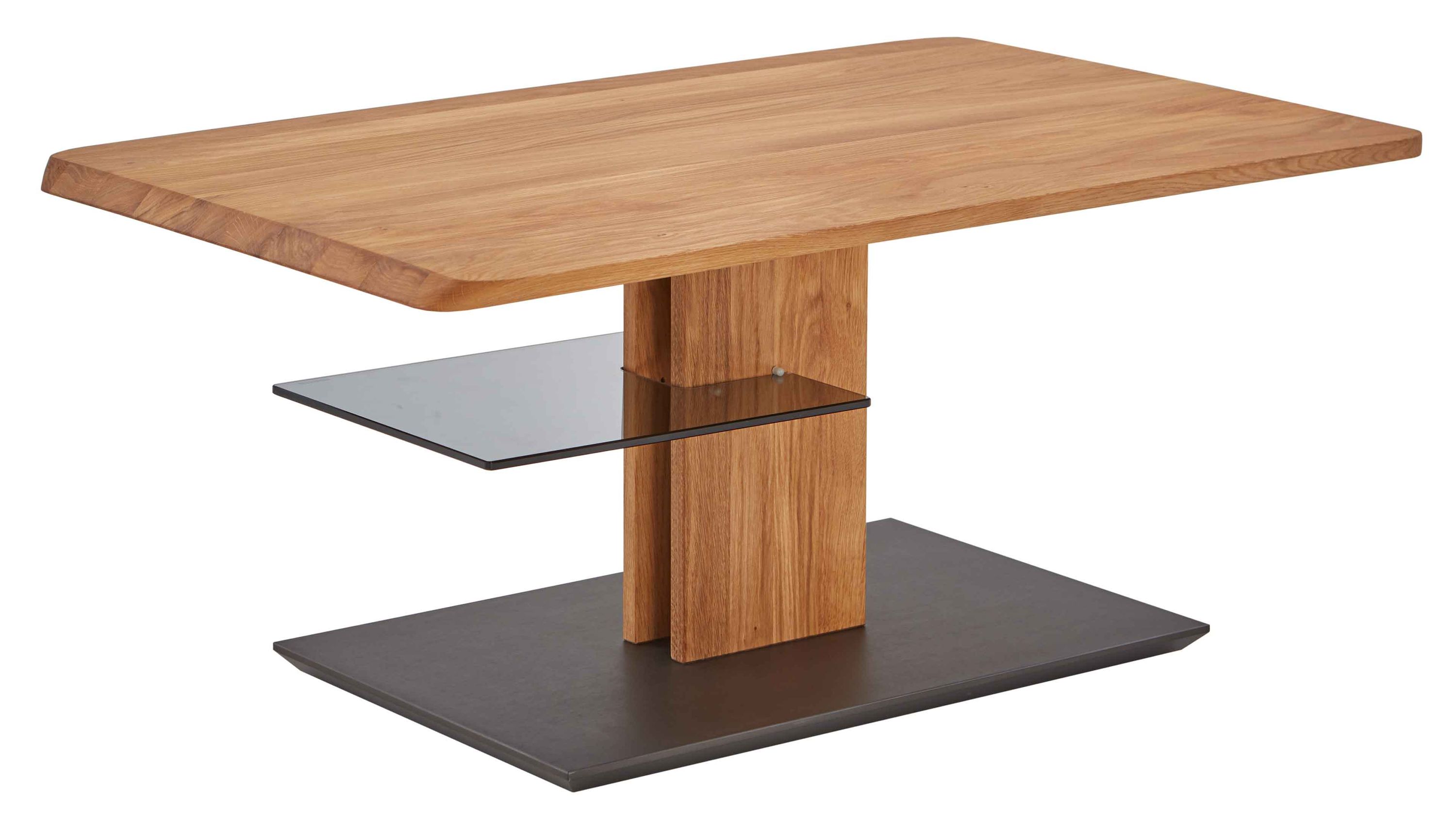 Rechteckiger Couchtisch mit Holzplatte und schwarzer Bodenplatte Rechteckiger Couchtisch mit Holzplatte mittigem Holzfuß schwarzer Bodenplatte und schwarzem Ablagefach