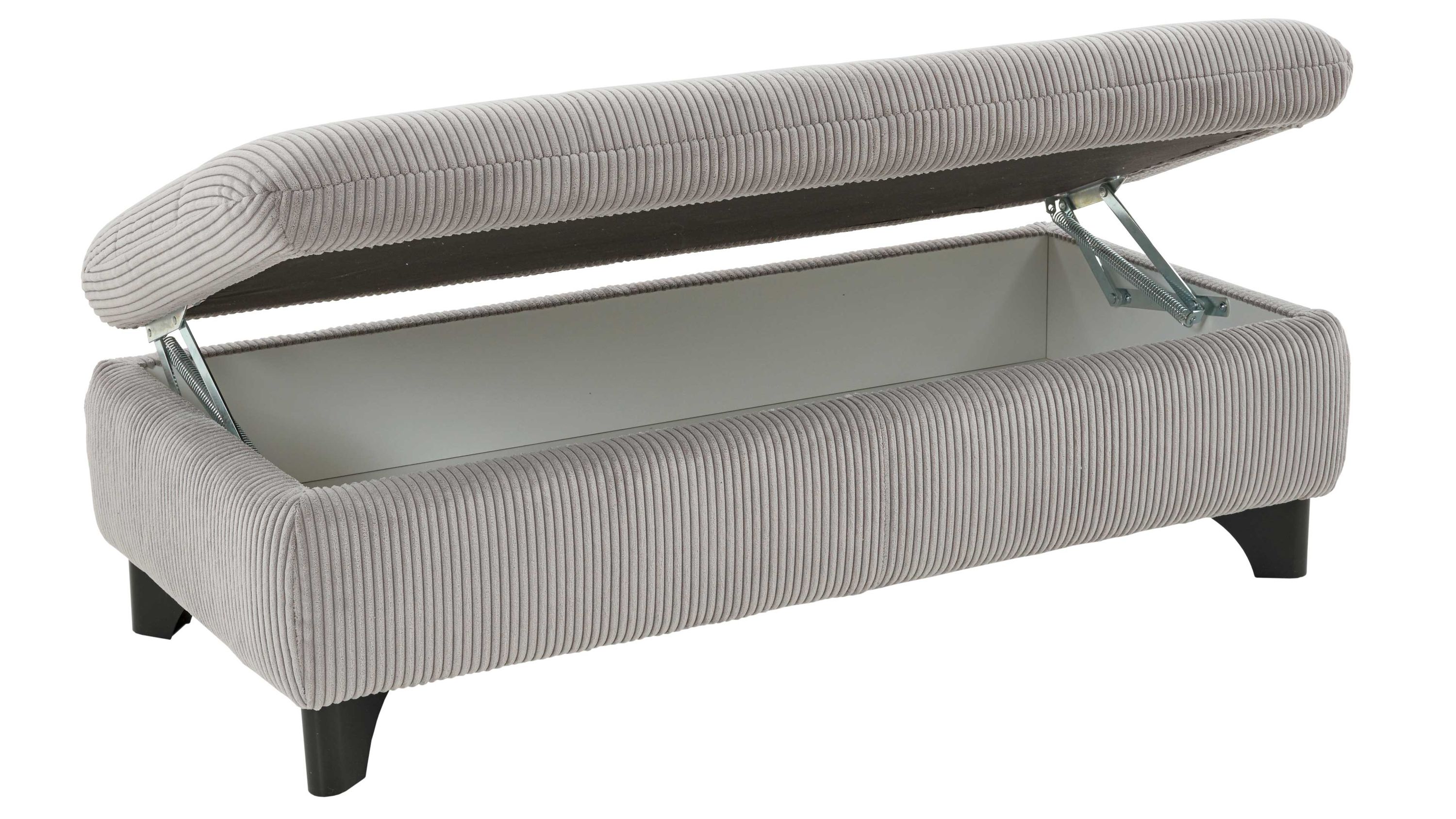 XXL-Hocker mit Stauraum und grauem Cordbezug Rechteckiger Hocker mit grauem Cordbezug und schwarzer Metallstruktur Sitzfläche aufgeklappt mit Stauraum