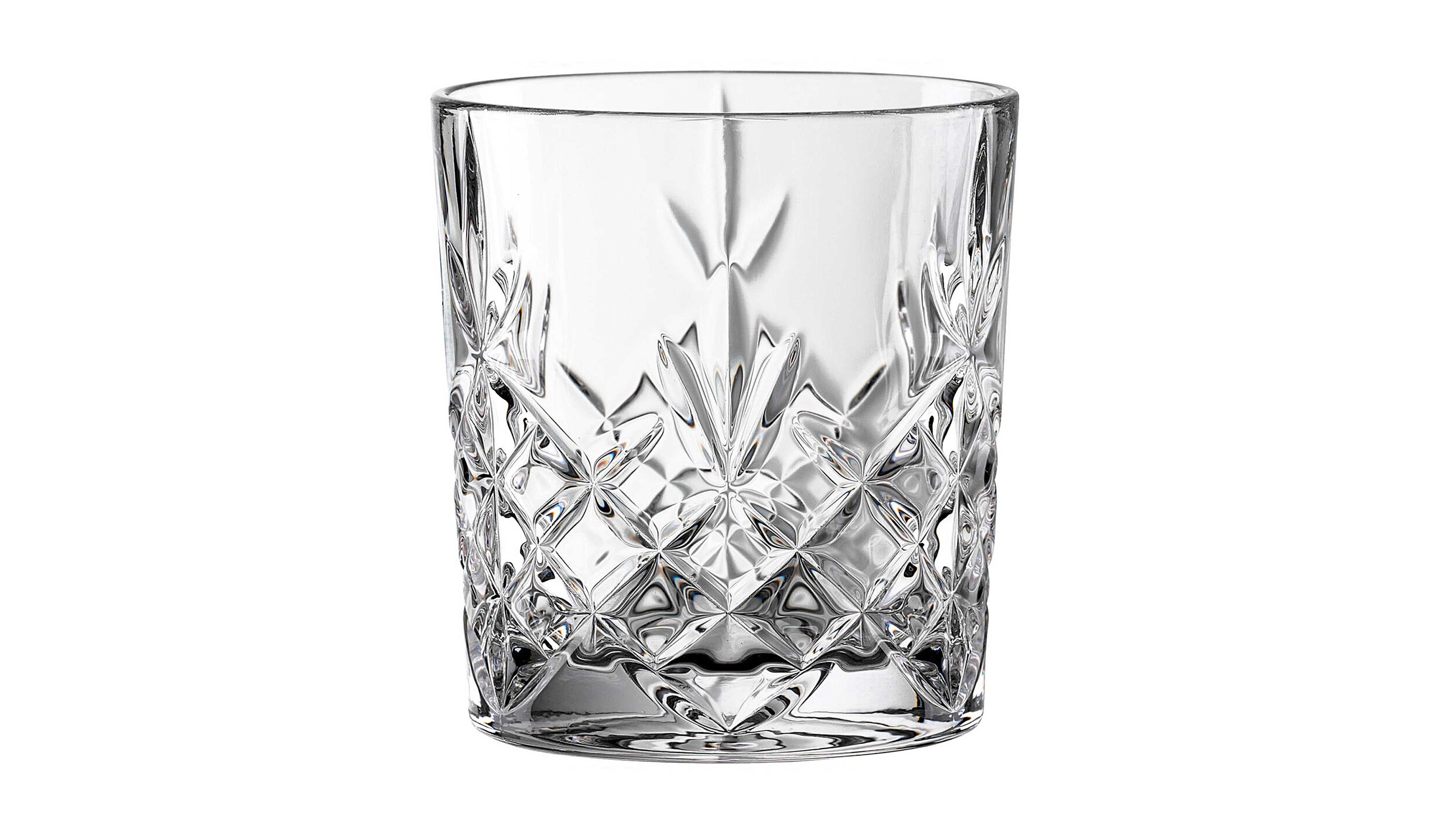 Klarer Whiskeybecher mit facettiertem Muster und geradem Rand