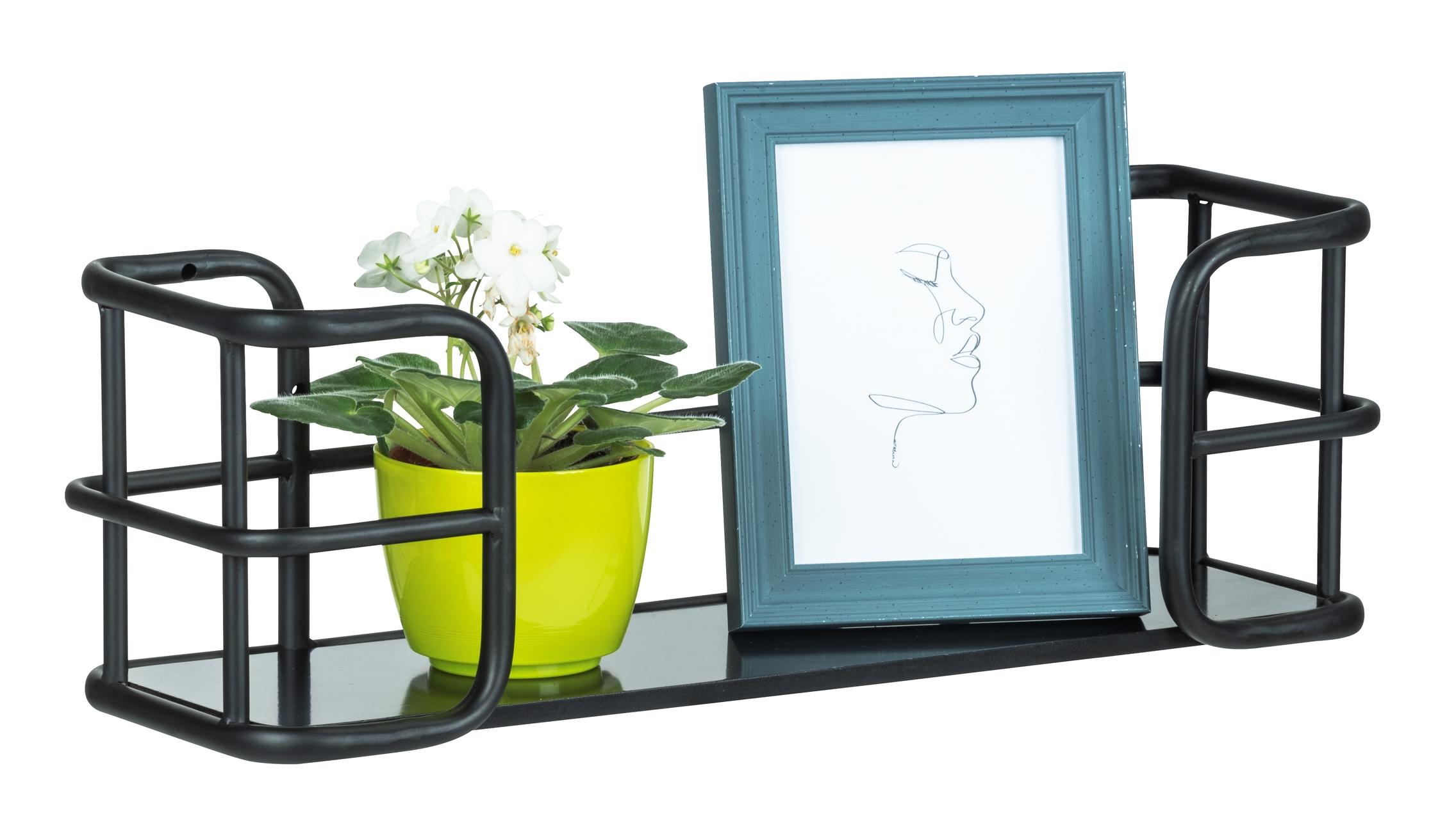 Modernes Wandregal aus schwarzem Metall und Bambus mit Blumentopf und Bilderrahmen frontal leicht von links