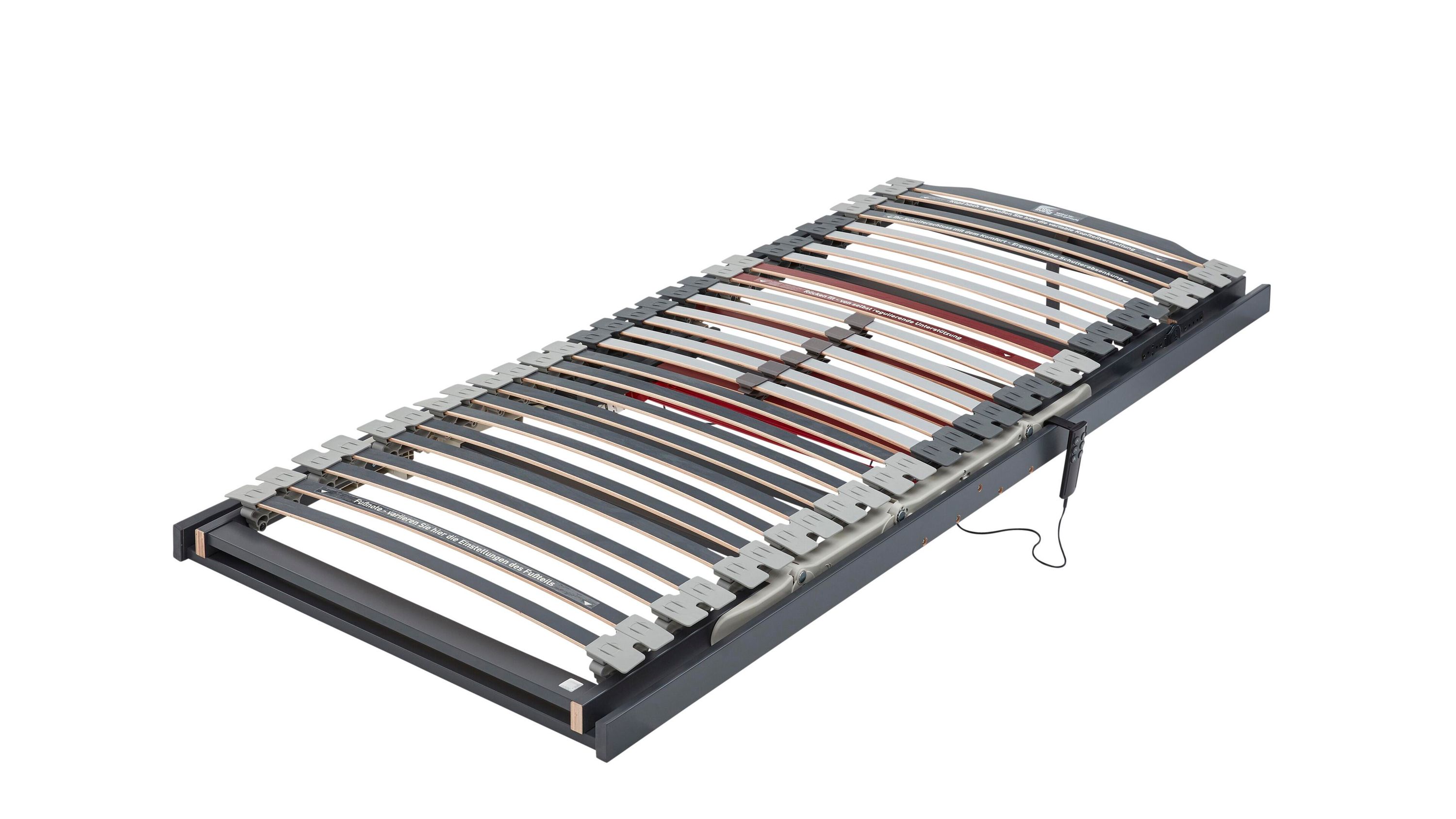 Verstellbarer Lattenrost mit schwarzem Rahmen und flexiblen Latten Lattenrost mit verstellbarem Kopf- und Fußteil schwarzer Rahmen flexible Latten