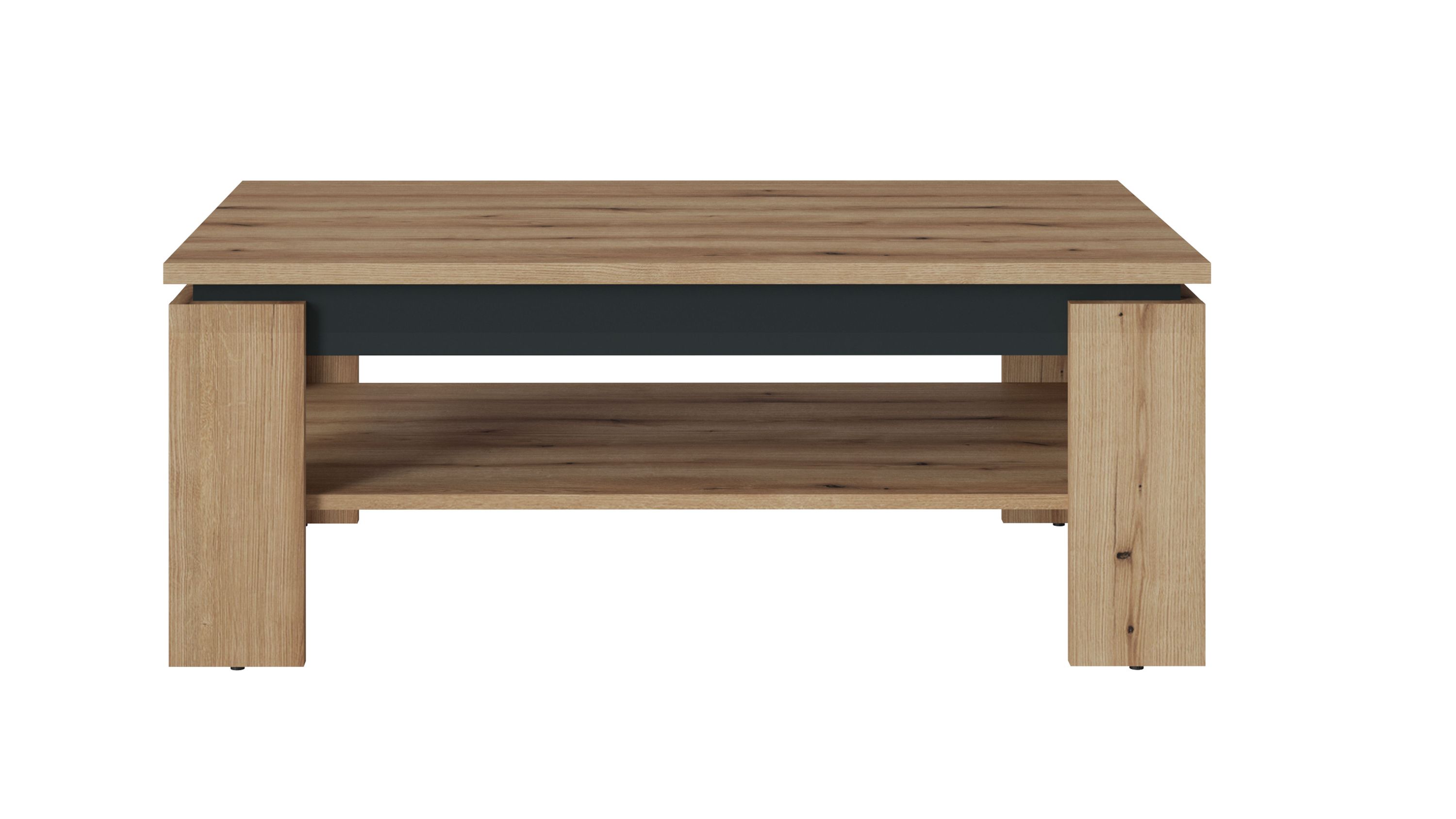 Couchtisch rechteckig mit Ablageboden in Holz und Grau Rechteckiger Couchtisch mit breiten Beinen und Ablageboden in Holzoptik und grauem Zierstreifen