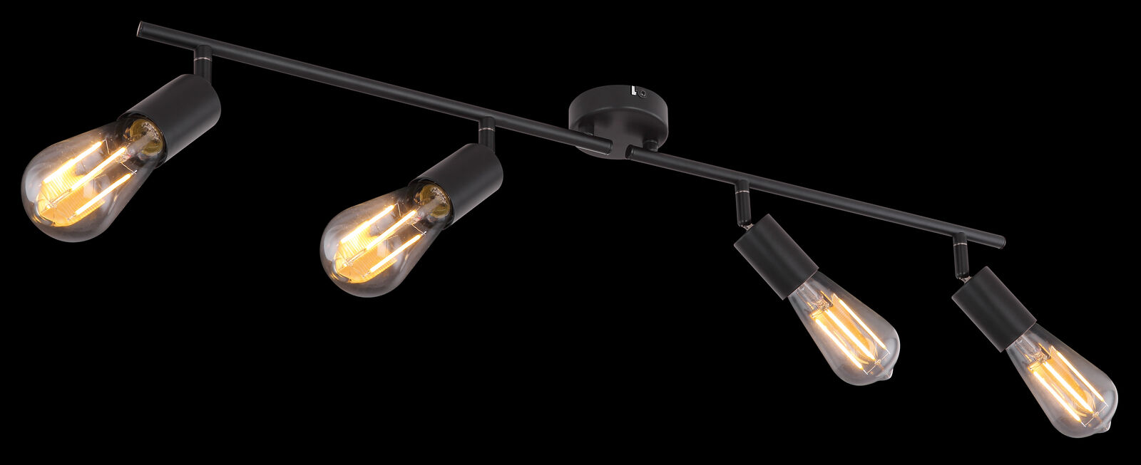 Schwarze Deckenleuchte mit vier sichtbaren Filament Lampen, vor schwarzem Hintergrund warm leuchtend, von unten aufgenommen