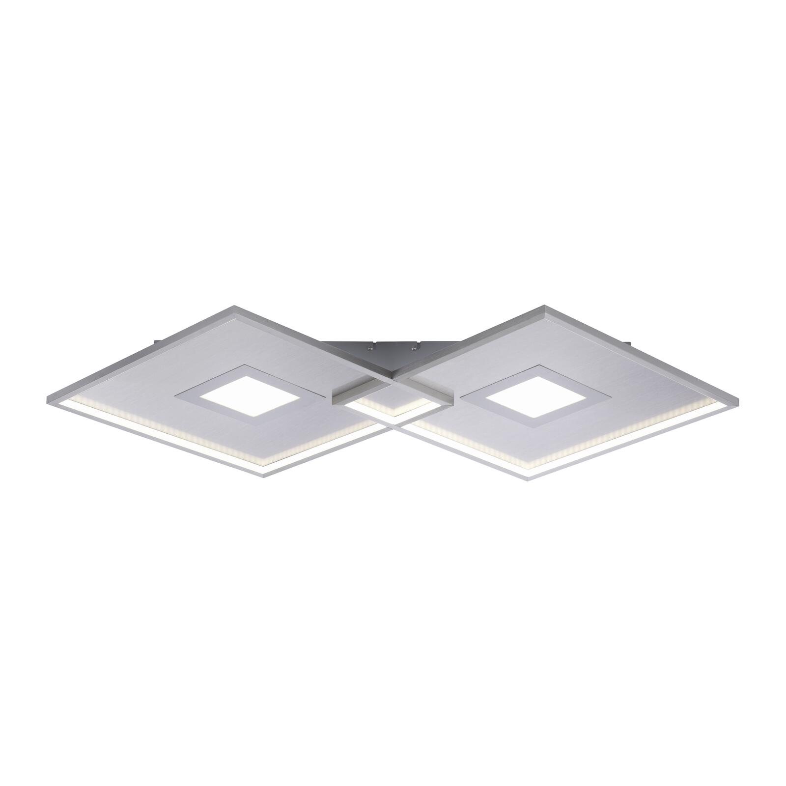 Flache  rechteckige Deckenlampe aus silberfarbenem Metall mit abgerundeten Ecken  schräg freigestellt fotografiert