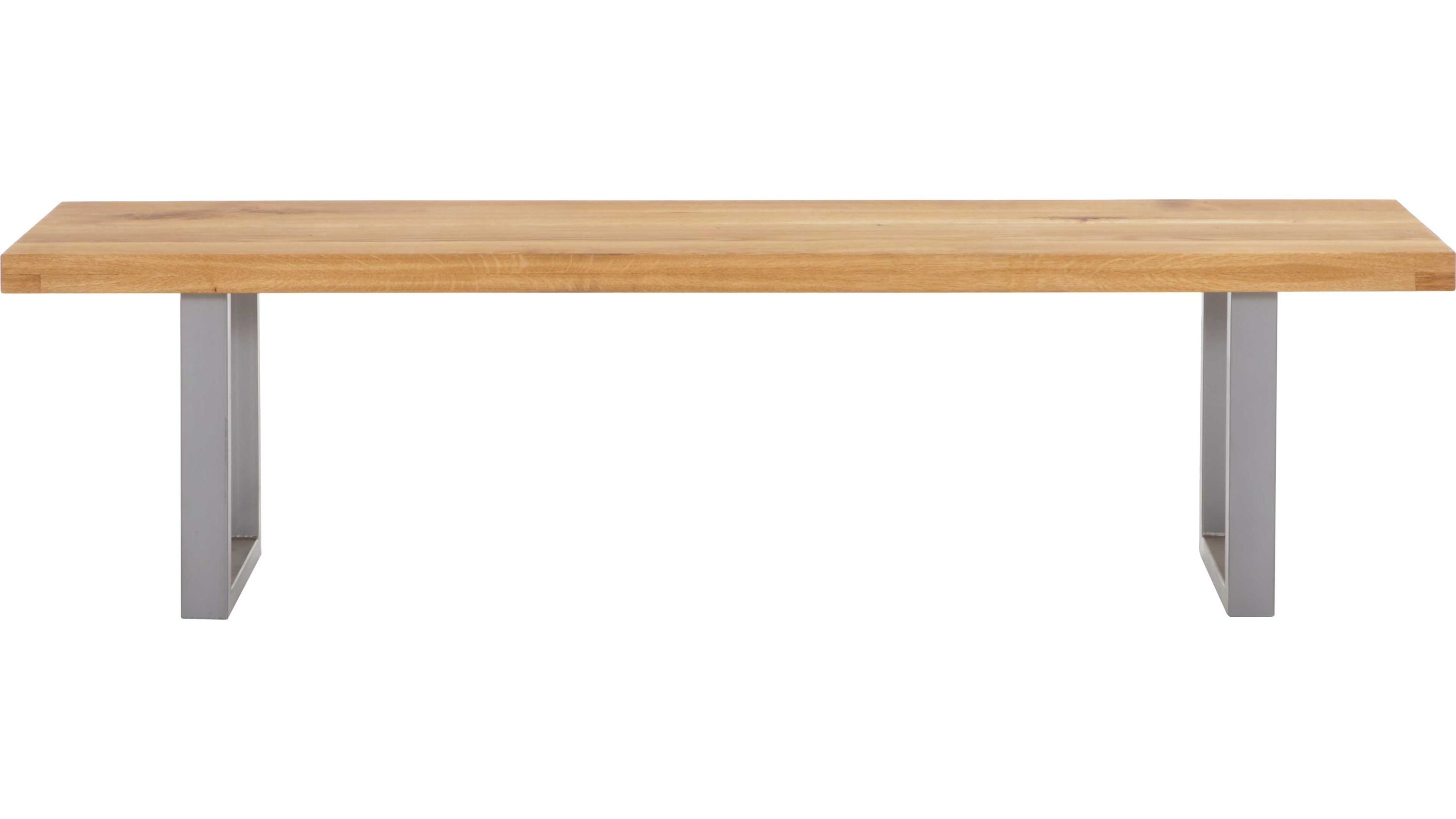 Sitzbank mit rechteckiger Holzplatte und zwei grauen Metallbeinen