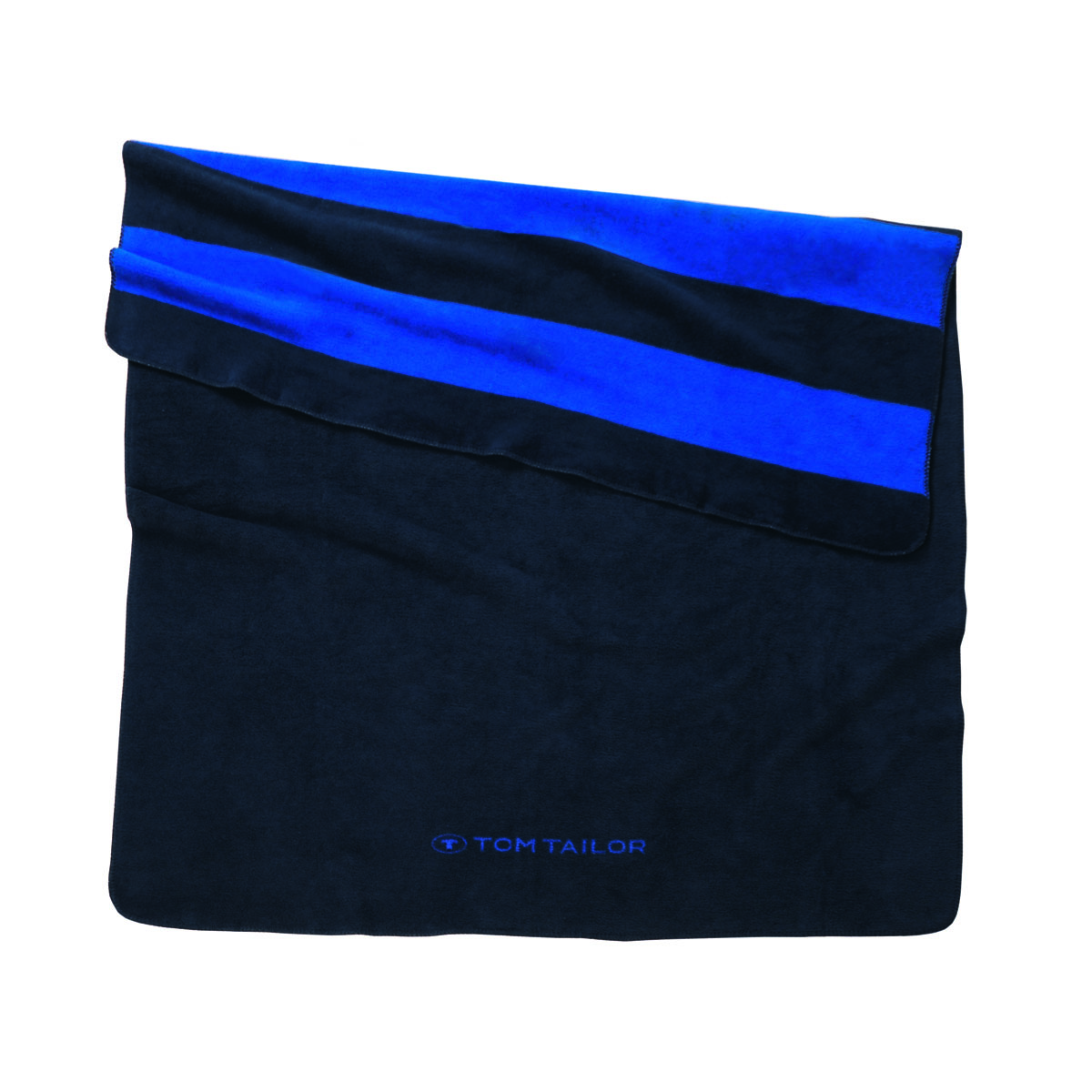 Draufsicht auf gefaltete Jacquard-Kuscheldecke mit Streifenmuster in Dunkelblau und Blau