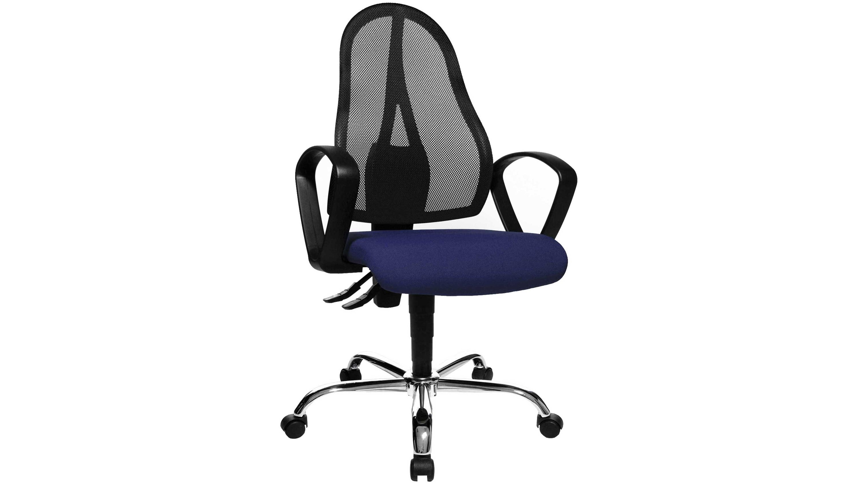 Ergonomischer Bürodrehstuhl mit Netzrückenlehne und blauem Sitz Bürodrehstuhl mit blauem Sitzpolster schwarzer Netzrückenlehne schwarzen Armlehnen und verchromtem Fußkreuz